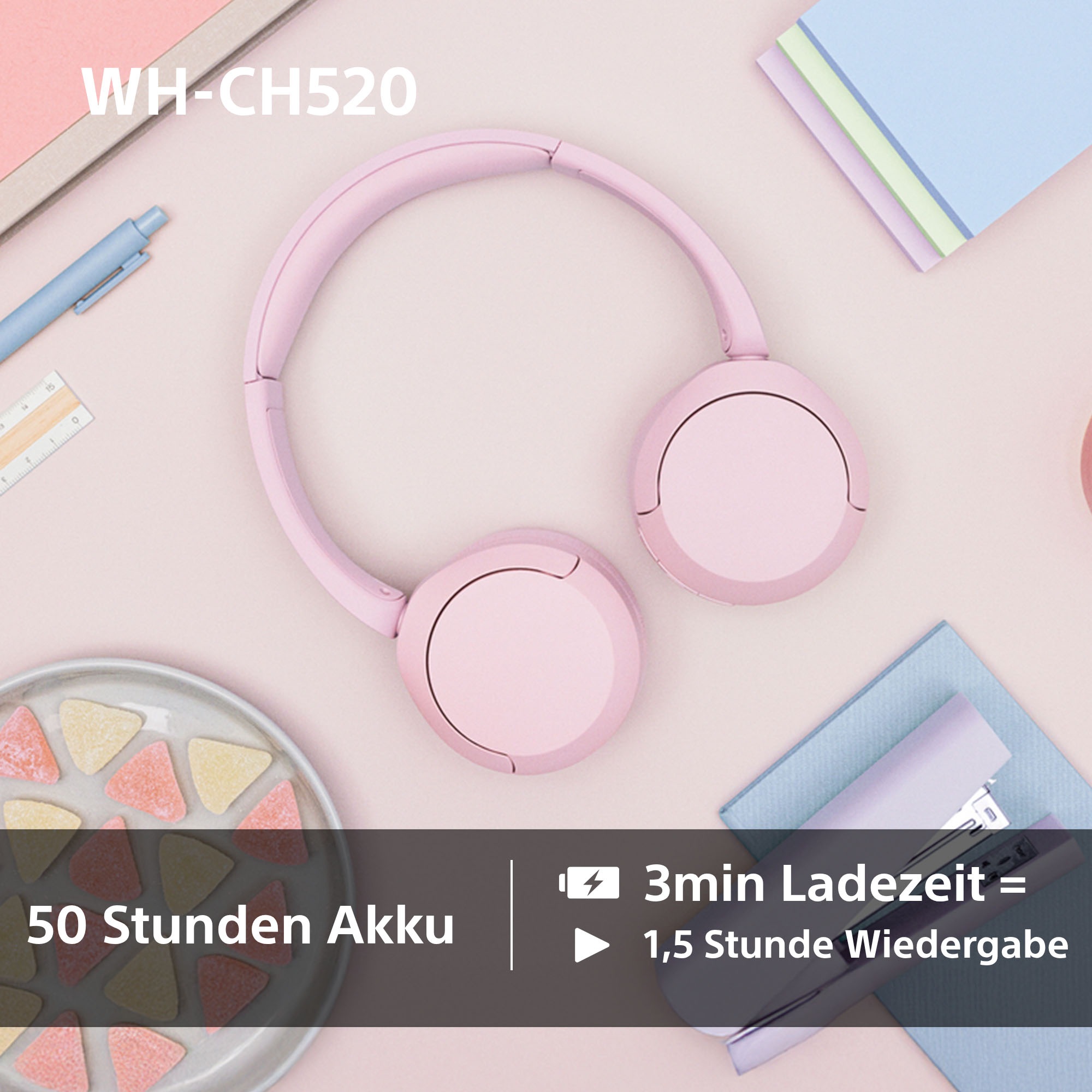 Sony Bluetooth-Kopfhörer »WHCH520«, Bluetooth, Noise-Cancelling-Active Noise Cancelling (ANC)-Freisprechfunktion-Rauschunterdrückung-Sprachsteuerung-kompatibel mit Siri, 200 Std. Max. Akkulaufzeit (Standby)