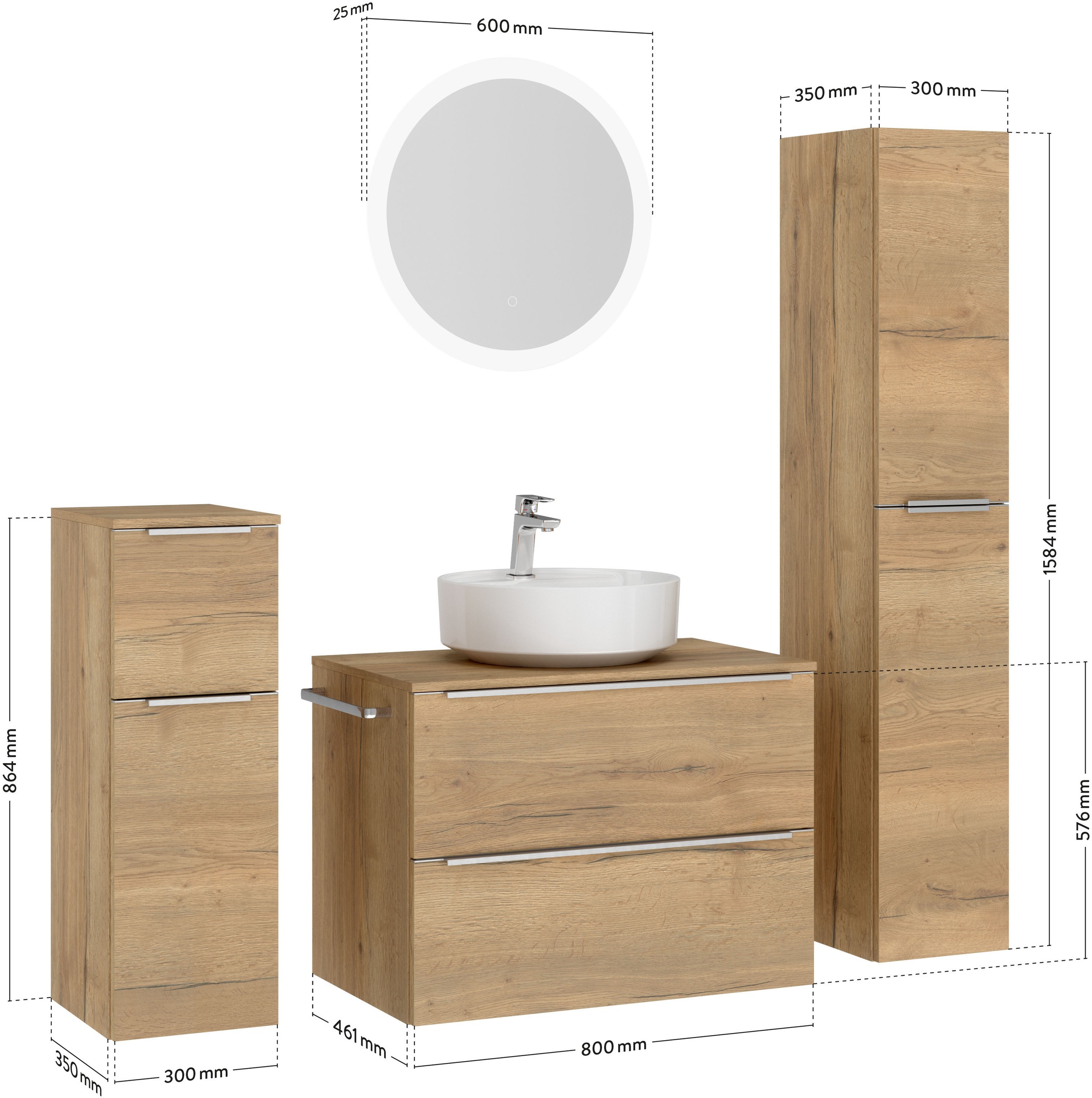 nobilia® Badmöbel-Set »Alvene«, (4 St., vormontiert, mit Soft-Close), inkl. Spiegel mit Touch-Sensor, in vier Breiten
