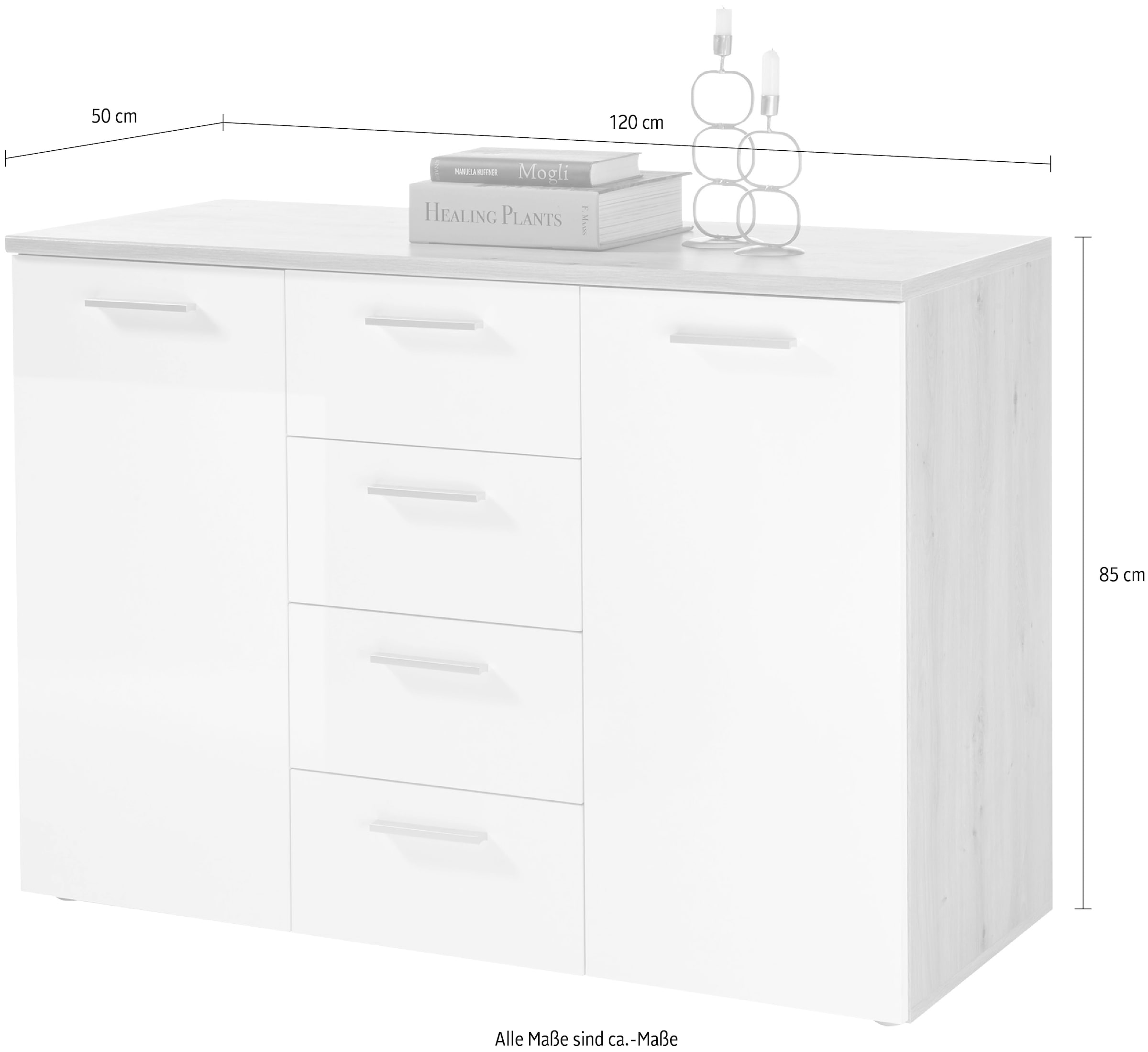 HBZ Kommode »Pablo weiß Glanz, BxHxT 120x85x50 cm«, Kommode mit 2 Türen, 4 Schubkästen, 2 Einlegeböden verstellbar