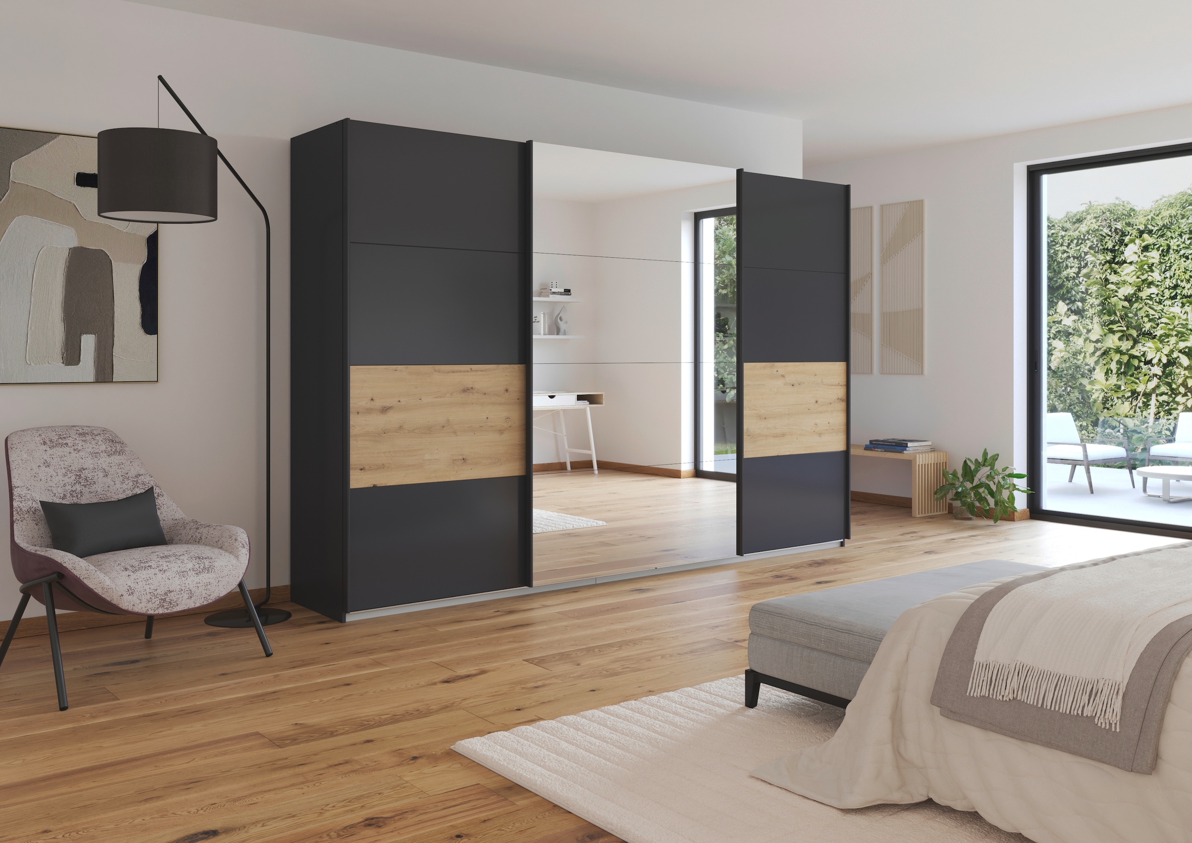 rauch Schwebetürenschrank »Schwebetürenschrank Kleiderschrank Schrank Garderobe CORTONA«, inkl. Inneneinteilung, 2 Stoffboxen und zusätzlichen Einlegeböden