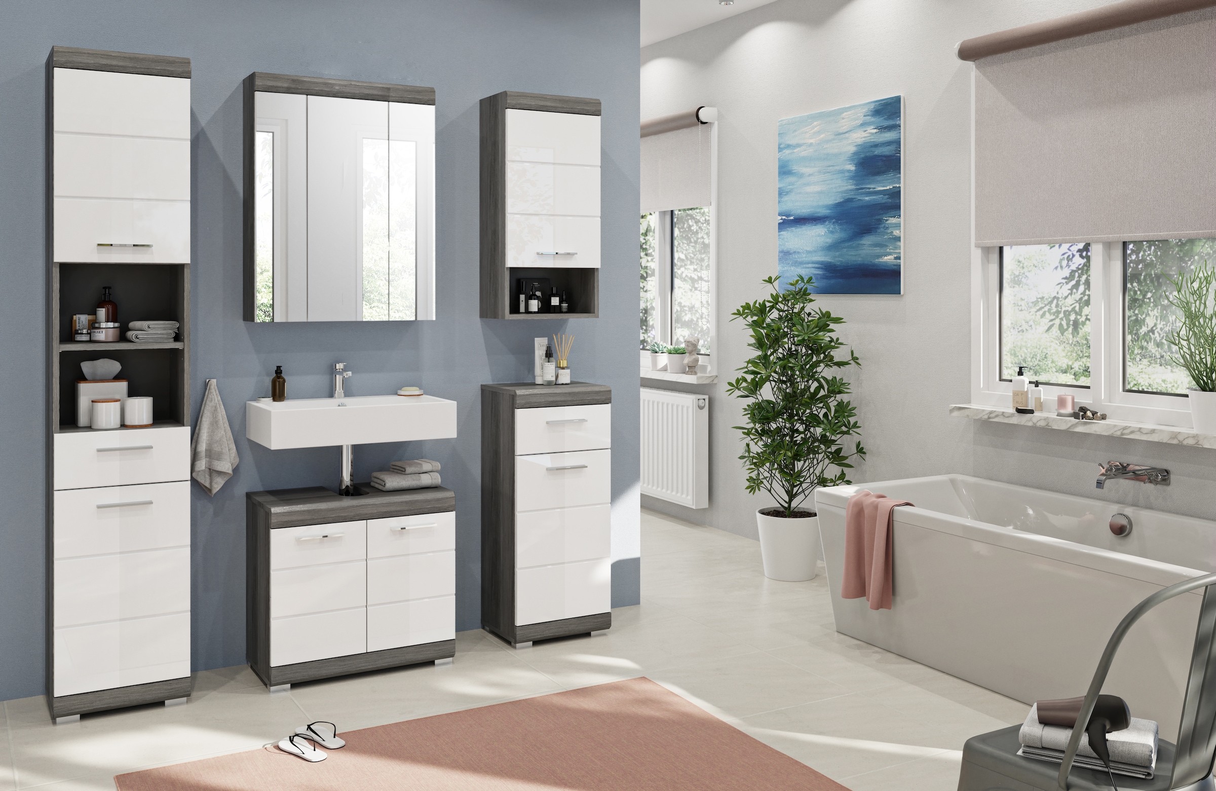INOSIGN Badmöbel-Set »Siena, 5 teilig, bestehend aus:«, (Set, 5 St.), Hochschrank, WBU, Spiegelschrank, Unterschrank, Hängeschrank