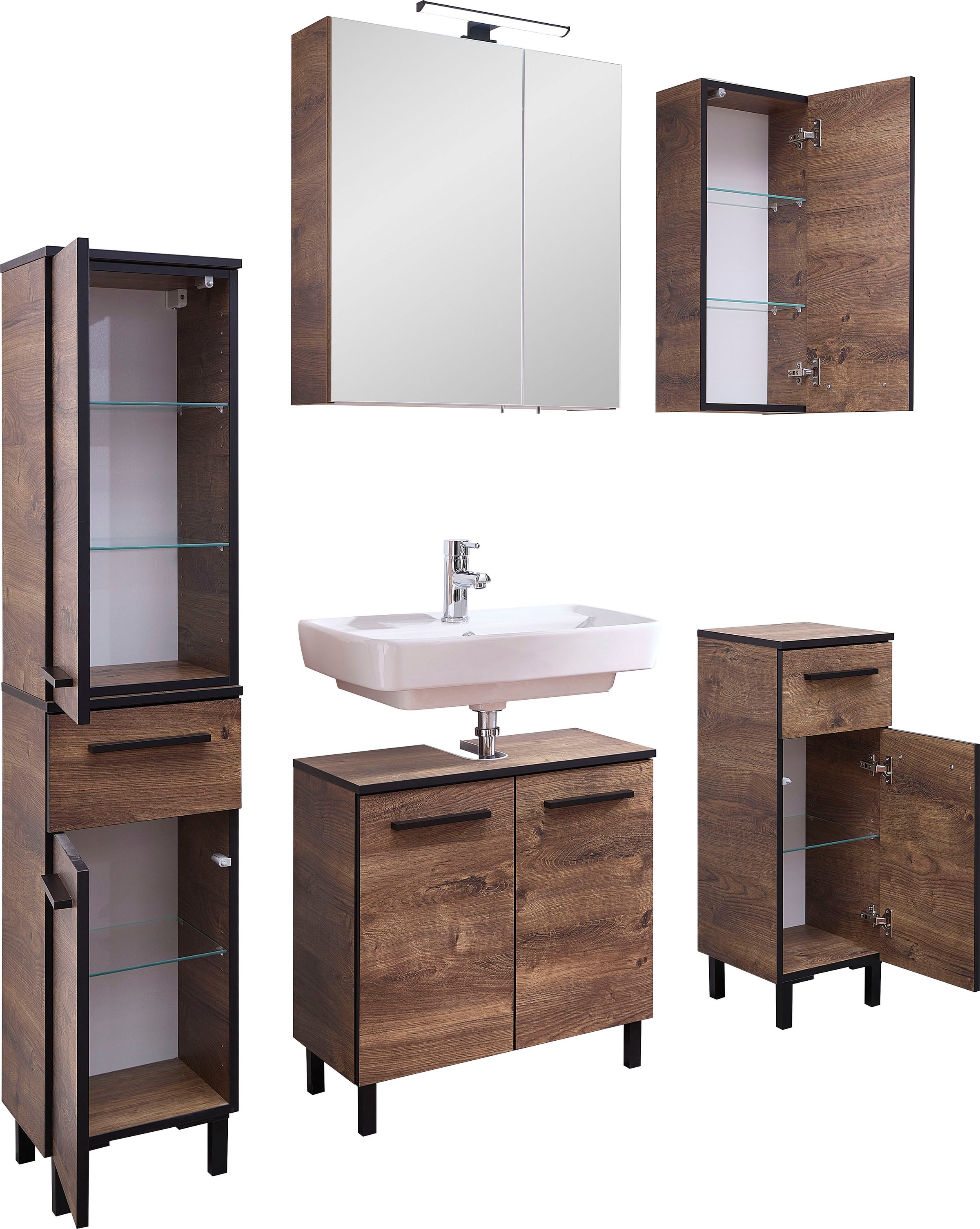 Saphir Badmöbel-Set »Quickset 374 5-teilig, Waschbeckenunterschrank mit LED-Spiegelschrank«, (7 St.), Midischrank, Unterschrank, Hängeschank, inkl. Türdämpfer, 7 Türen