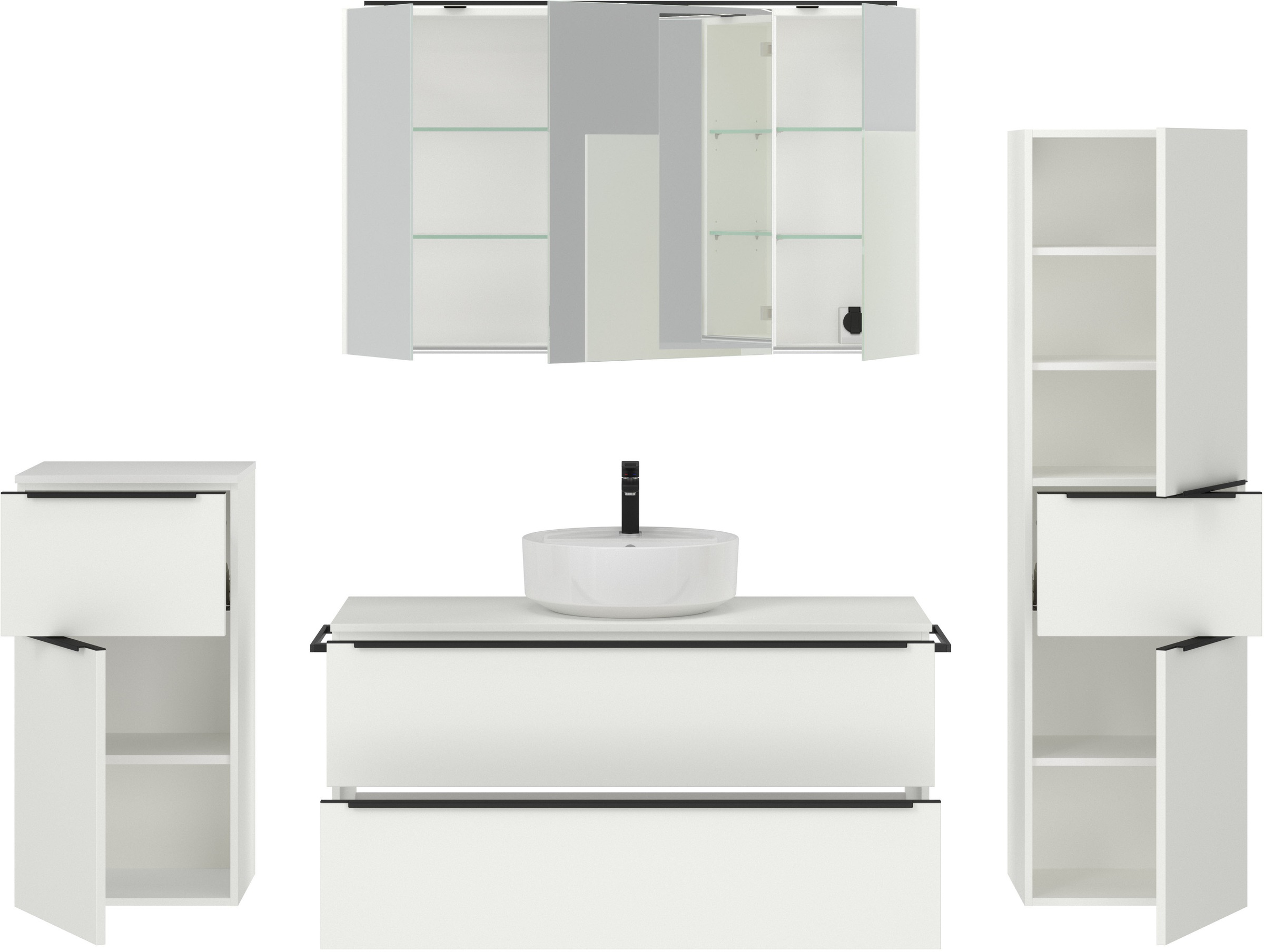 nobilia® Badmöbel-Set »Alvene«, (4 St., vormontiert, mit Soft-Close), inkl. Spiegelschrank mit Beleuchtung und Dimmerfunktion, in 4 Breiten