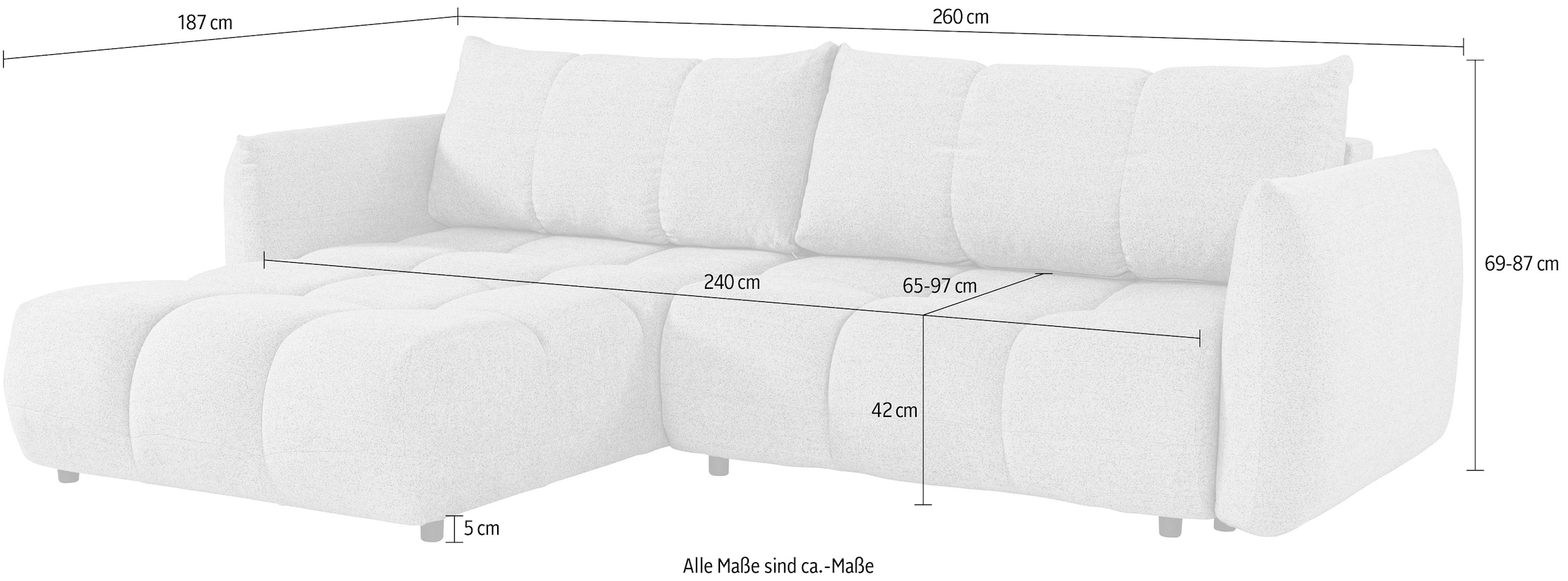 exxpo - sofa fashion Ecksofa »Livonia, B/T: 260/187, modern & praktisch für kleine Räume« Mit Bettfunktion & Bettkasten,hoher Sitzkomfort,inkl. Steppung, L-Form