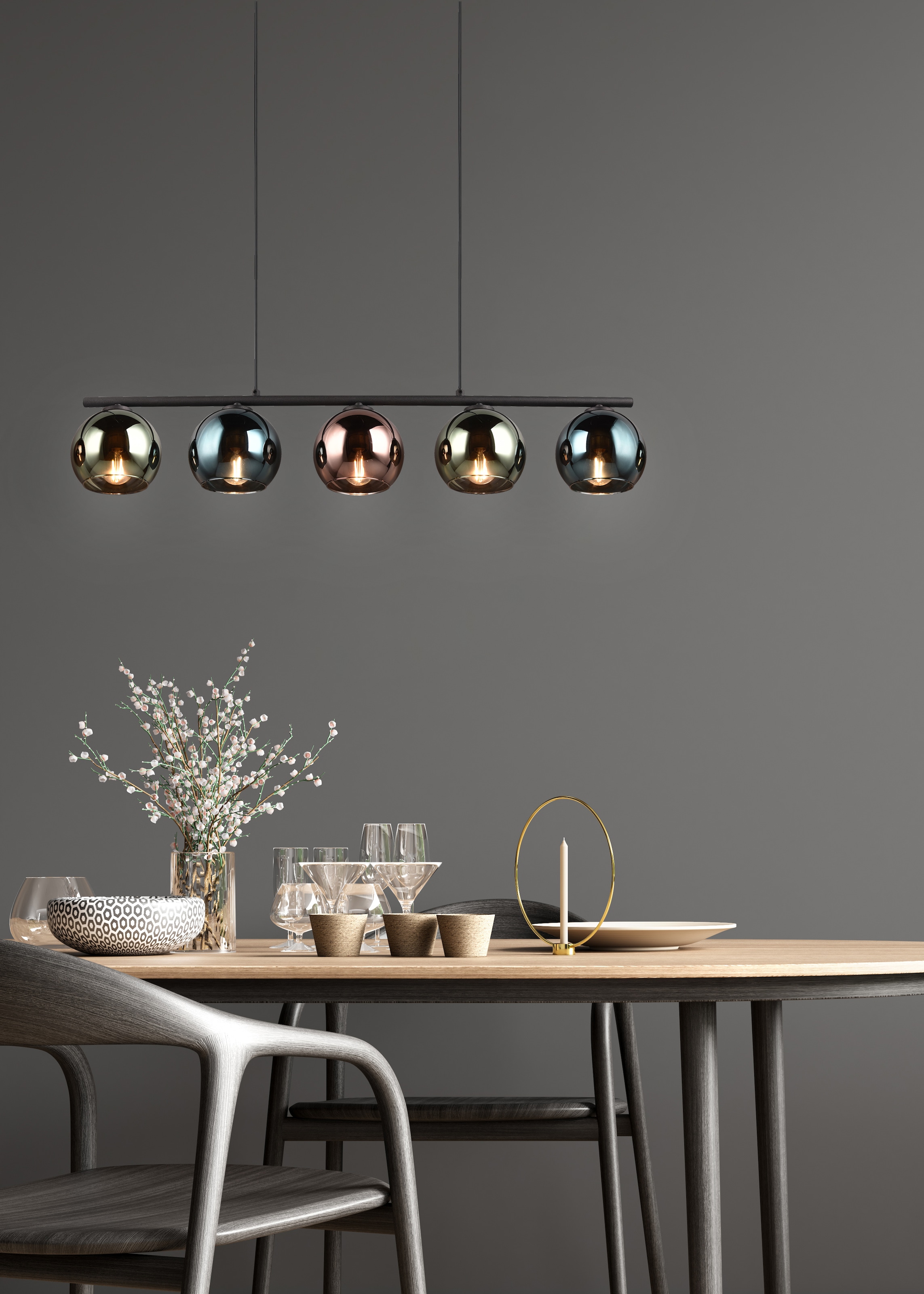 REALITY Leuchten Pendelleuchte »SHELDON, Hängelampe 5-flammig exkl 5x E14 max 10W höhenverstellbar«, 5 flammig, Leuchtmittel E14 | Leuchtmittel wechselbar, Metall Hängeleuchte mit bunten Glasschirmen Lampe Esszimmer Wohnzimmer