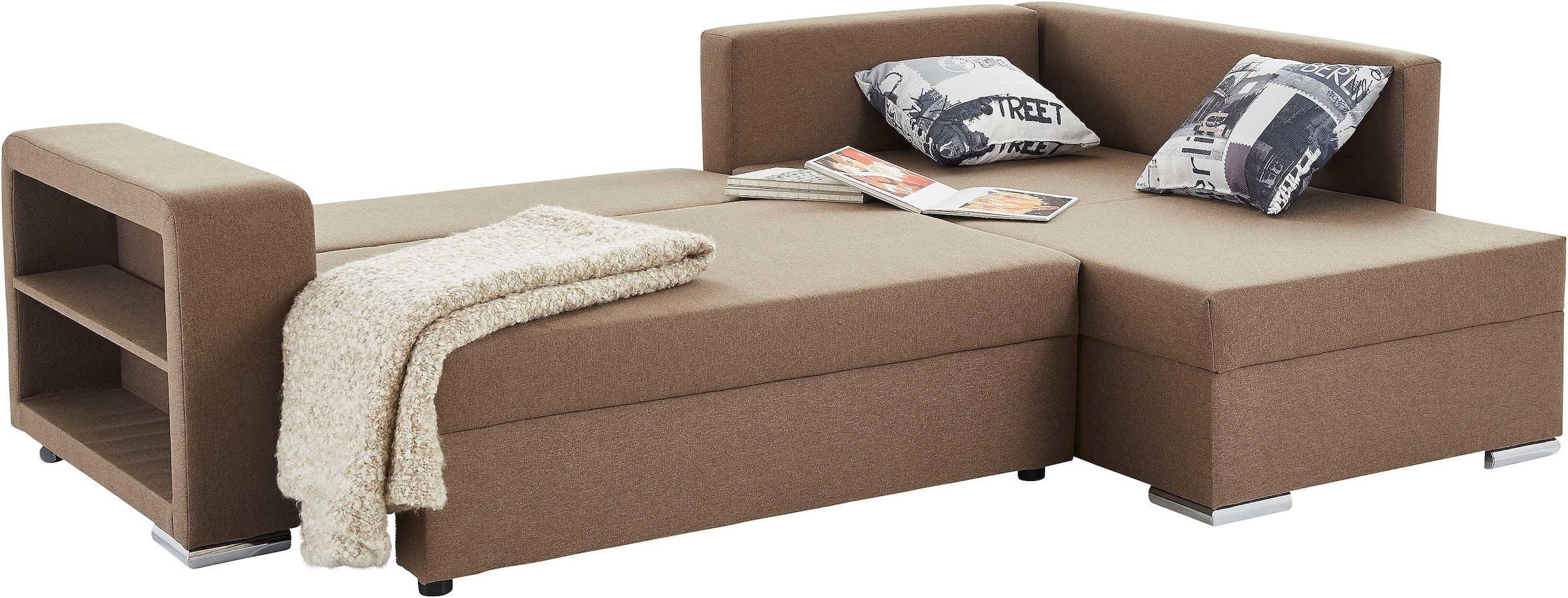 Ecksofa John mit Bettfunktion, Bettkasten und Regalarmteil