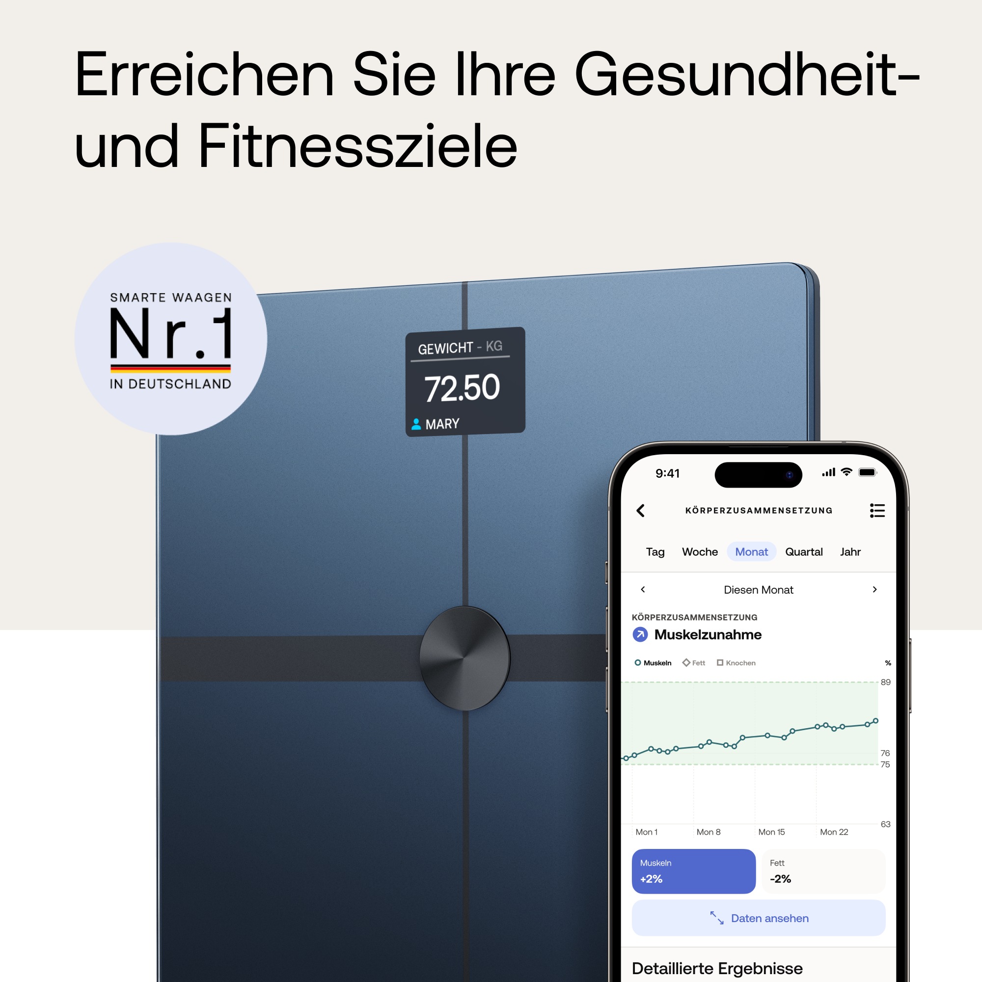 Withings Personenwaage »Body Smart, einschließlich Körperfett-/Muskelmasse«, automatische Erkennung und Verfolgung von bis zu 8 Benutzern