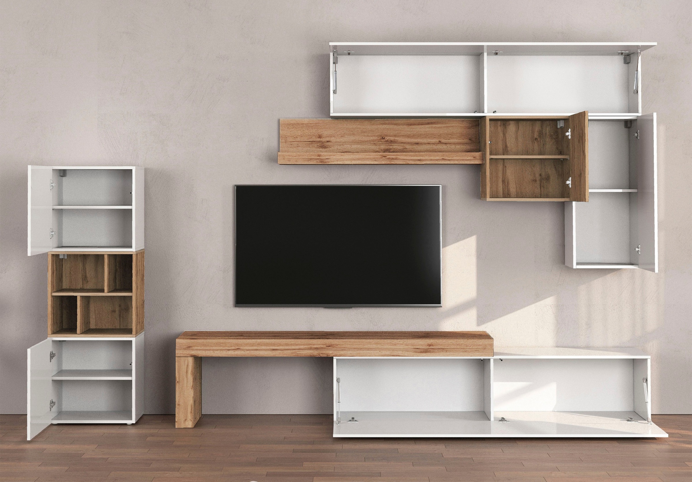 INOSIGN Wohnwand »Chronos Wohnwand, Medienwand, 8-er set«, (Set, 8 St.), ca. 320 cm mit Hängeschränke, Würfel, Regal, Lowboard, Made in Italy