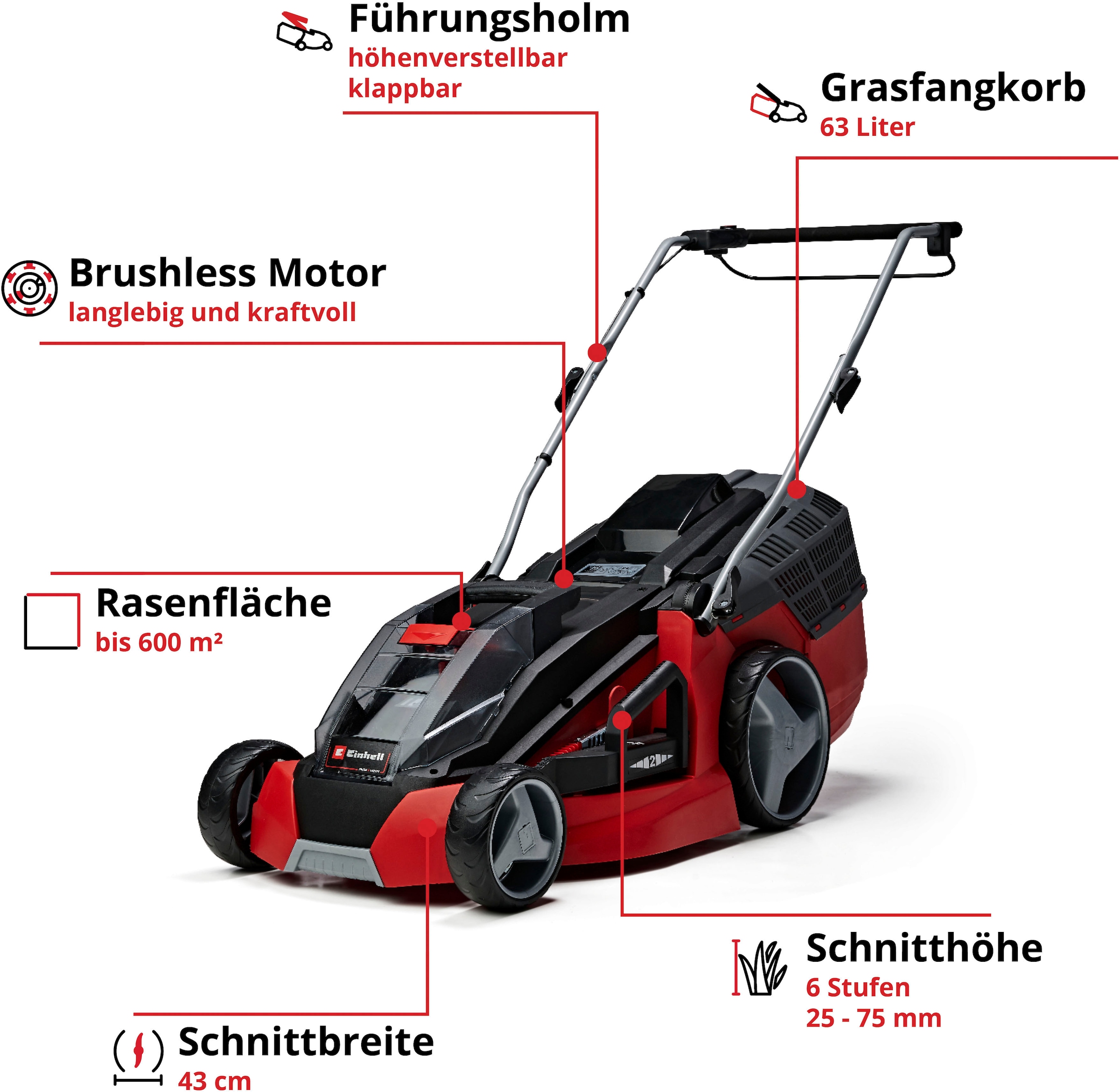 Einhell Akkurasenmäher »GE-CM 43 Li M Kit (2x4,0Ah)«, (Set), mit Mulchkeil, 2 Akkus 18V/4Ah und 2 Ladegeräten