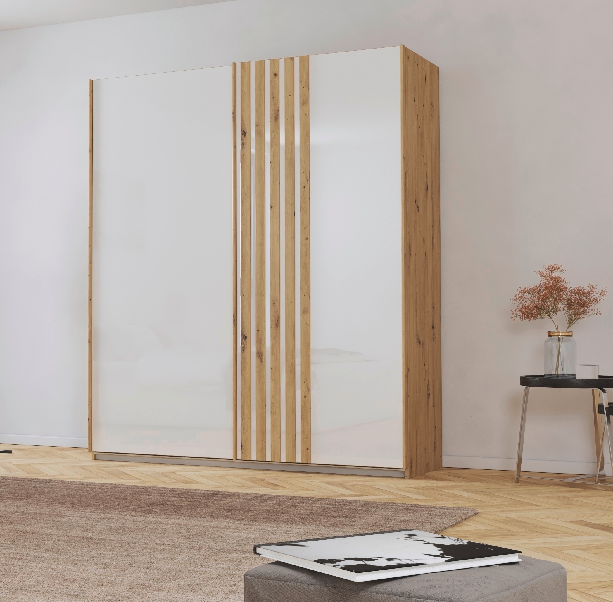 rauch Schwebetürenschrank »Mosbach«, in moderner Lamellen-Optik und Glasfront