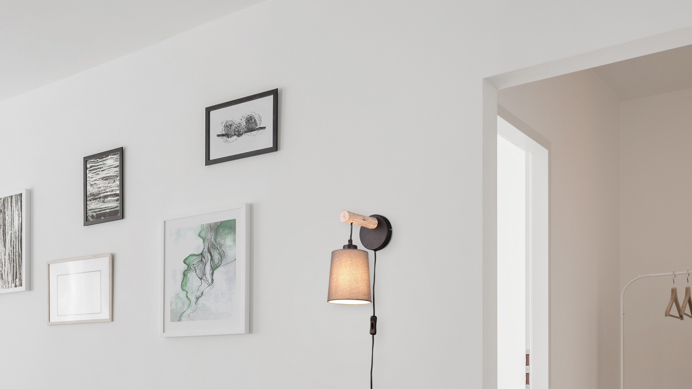 andas Wandleuchte »Pitholm«, 1 flammig, Leuchtmittel E27 | ohne Leuchtmittel, Wandlampe aus naturbelassenem Echtholz mit Stoffschirm, FLEX Connect