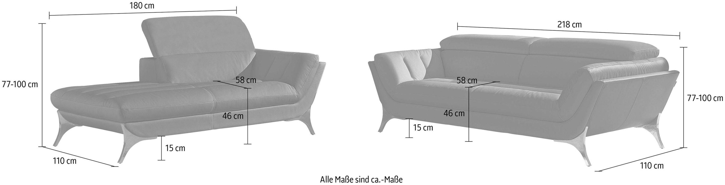 Egoitaliano Polstergarnitur »Sueli«, (Set), bestehend aus Sofa und Recamiere, Kopfteilverstellung, Bezug Leder