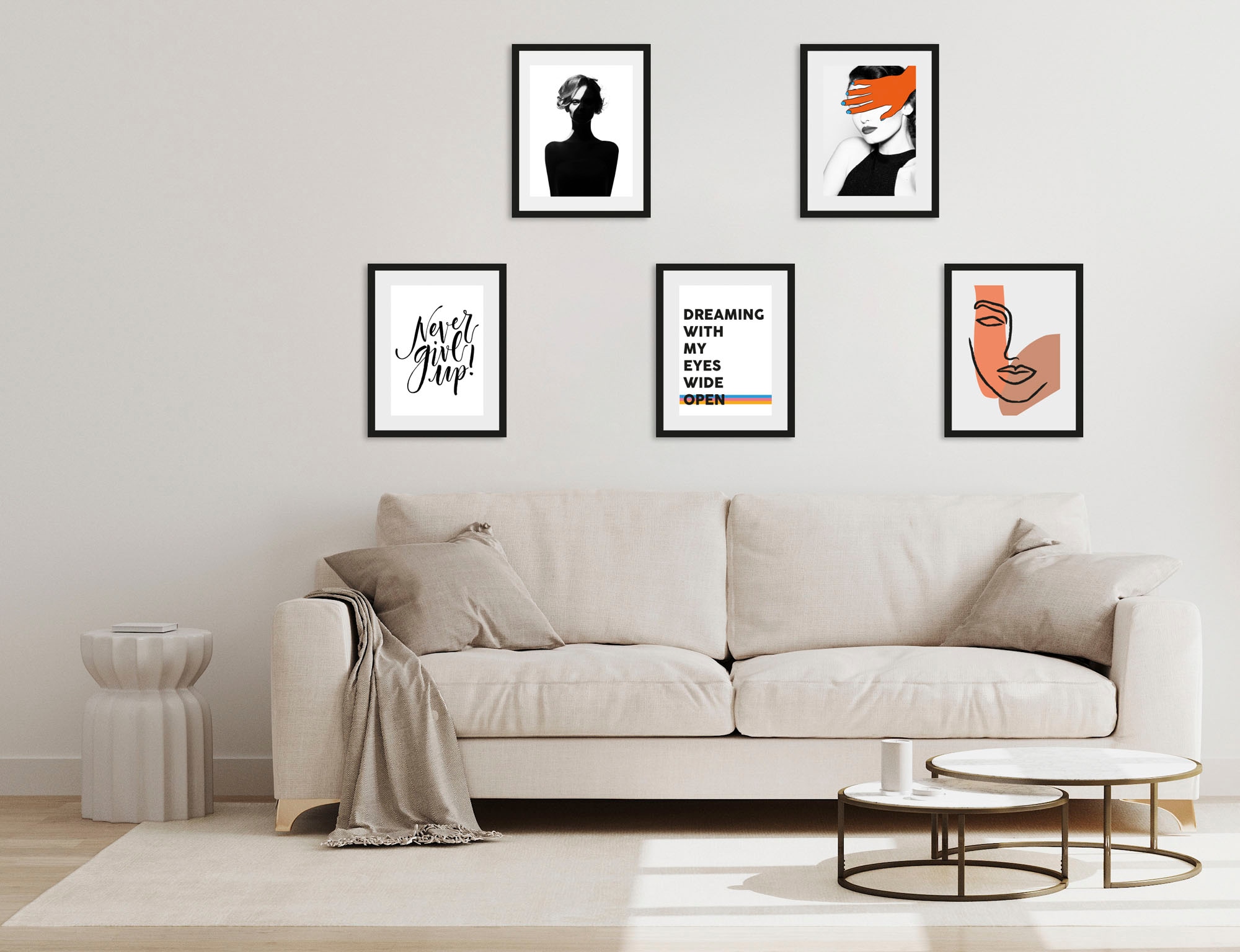 queence Bild »Dreaming«, Abstrakt-Kunst-Figuren-Gesicht-Sprüche & Texte-Motivationsbilder-Schwarz-Weiß-Frau-Bilder von Frauen, (5 St.), HD Premium Poster-Druck inkl. Holzrahmen - 5er Set