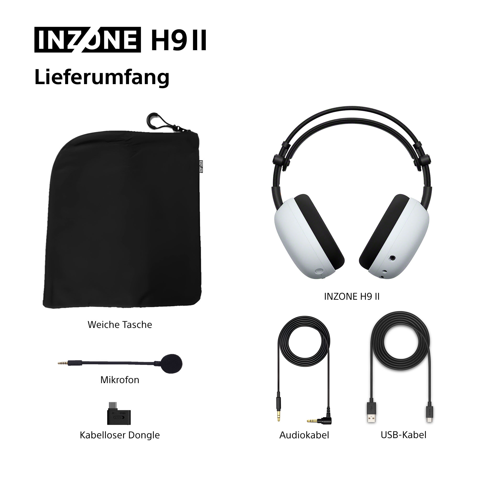 Sony Gaming-Headset »INZONE H9 II«, A2DP Bluetooth-AVRCP Bluetooth-Bluetooth-HFP-HSP, Adaptive Noise-Cancelling-Freisprechfunktion-Mikrofon abnehmbar-Rauschunterdrückung-Stummschaltung-Transparenzmodus