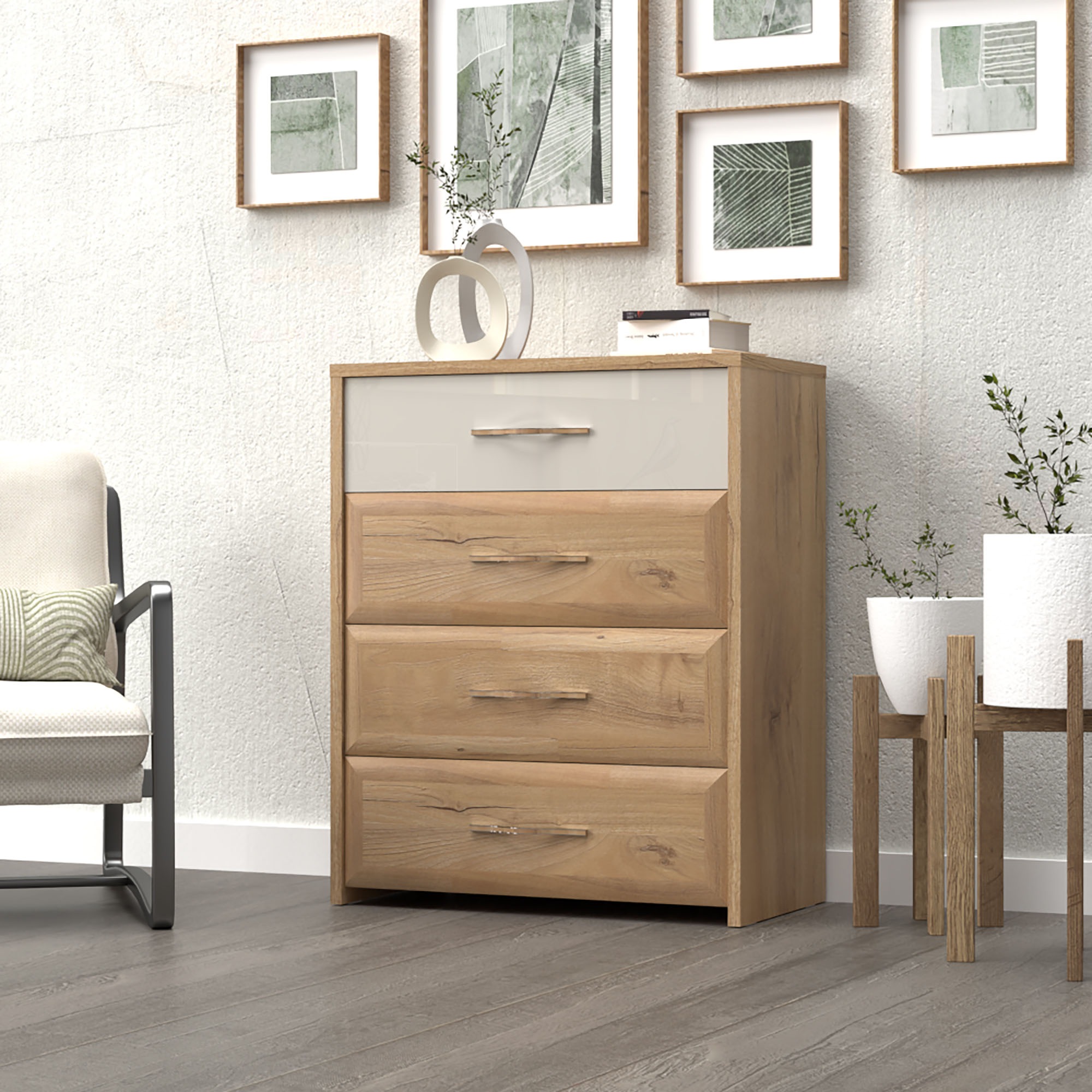 Home affaire Schubkastenkommode »Gala, melaminbeschichtet,1 Schublade beige hochglänzend UV lackiert«, (Soft-Close Funktion, Maße: B/T/H 86/46/105cm), mit 4 Schubladen, klassische Rahmenoptik, FSC-zertifiziert