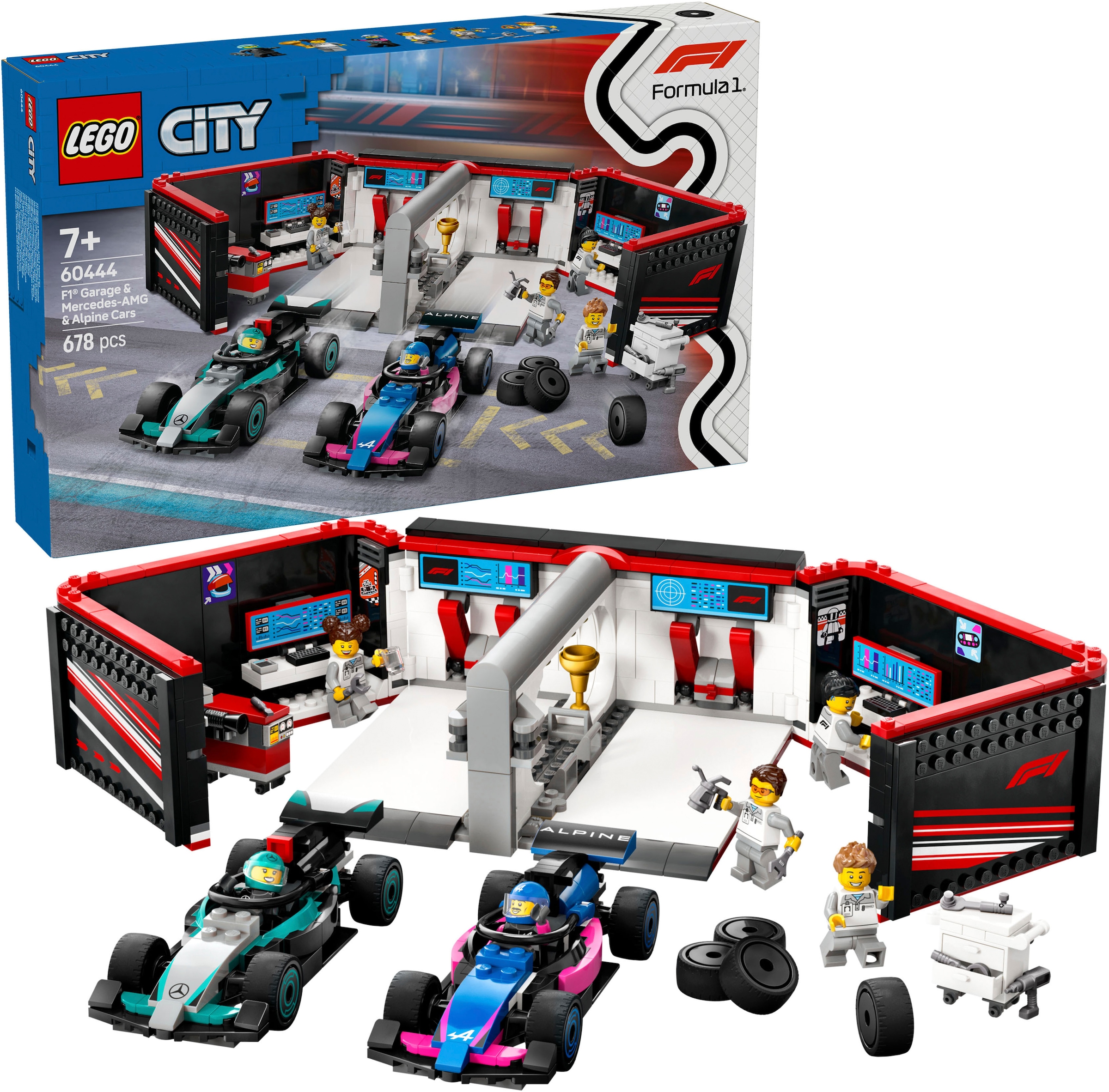 LEGO® Konstruktionsspielsteine »F1® Garage mit Mercedes-AMG & Alpine Rennautos (60444), LEGO...