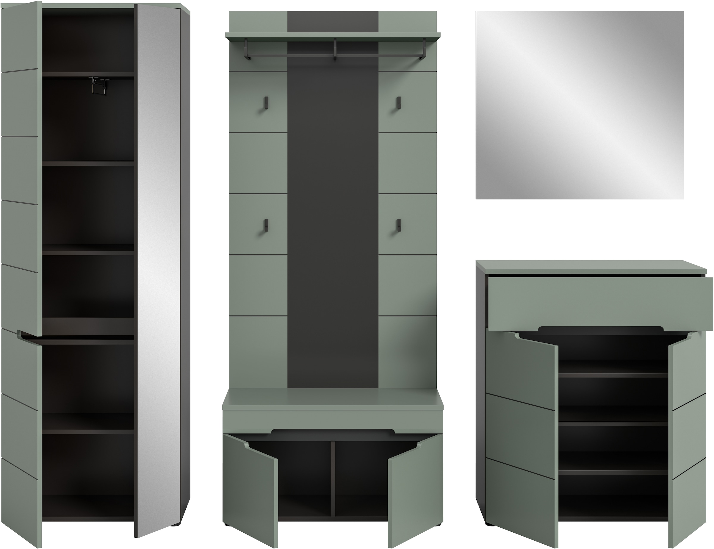 INOSIGN Garderoben-Set, (Set, 5 St., bestehend aus: Garderobenschrank, Sitzbank, Paneel, Spiegel, Kommode), Garderobenkombination, Kombination, Set, Flurgarderobe, Diele