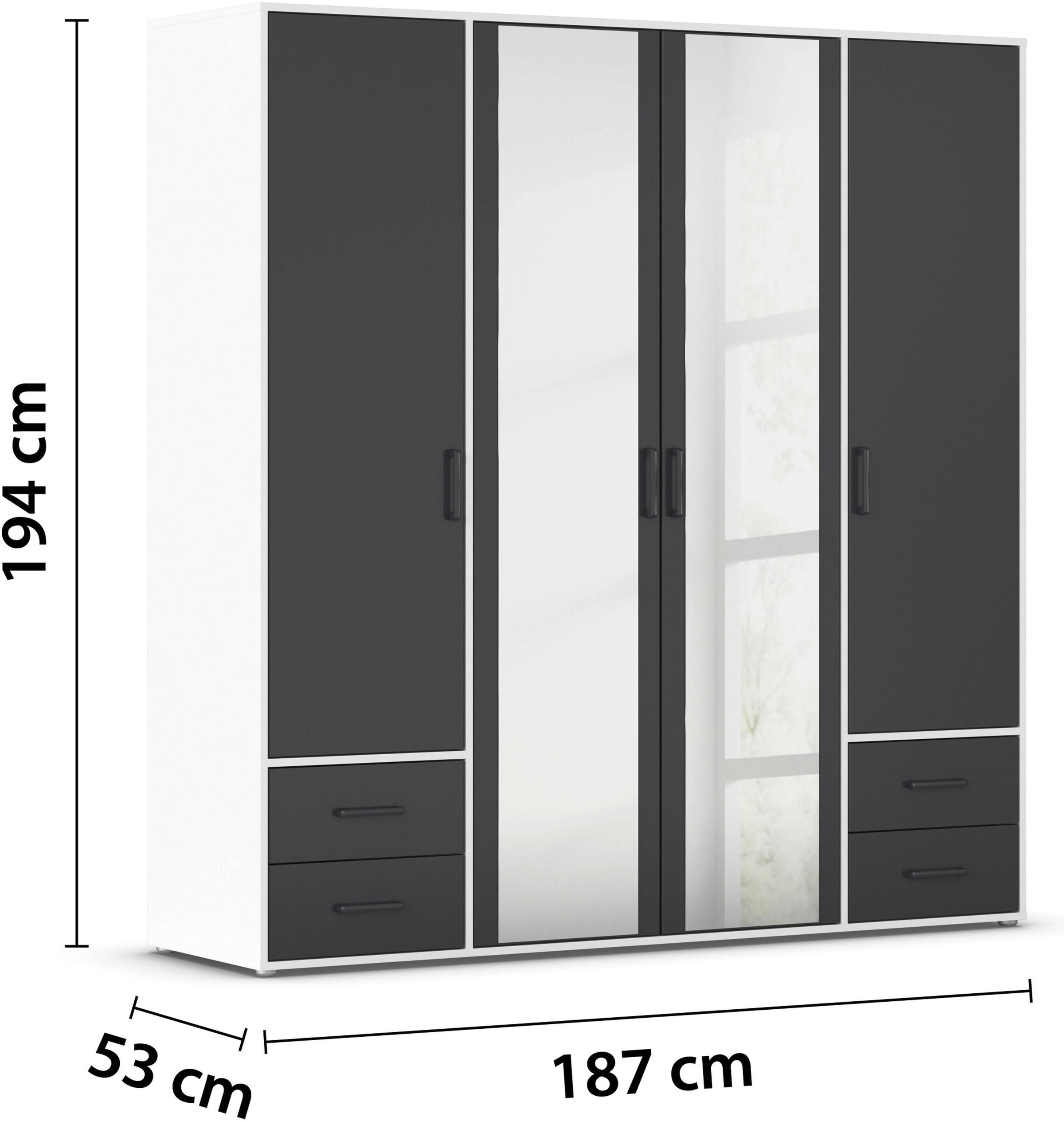 rauch Drehtürenschrank »Kleiderschrank Schrank Garderobe Wäscheschrank VOYAGER«, (in 3 verschiedenen Ausstattungen BASIC/CLASSIC/PREMIUM), mit modernen Griffen in Graumetallic, inkl. Schubkästen und Spiegel