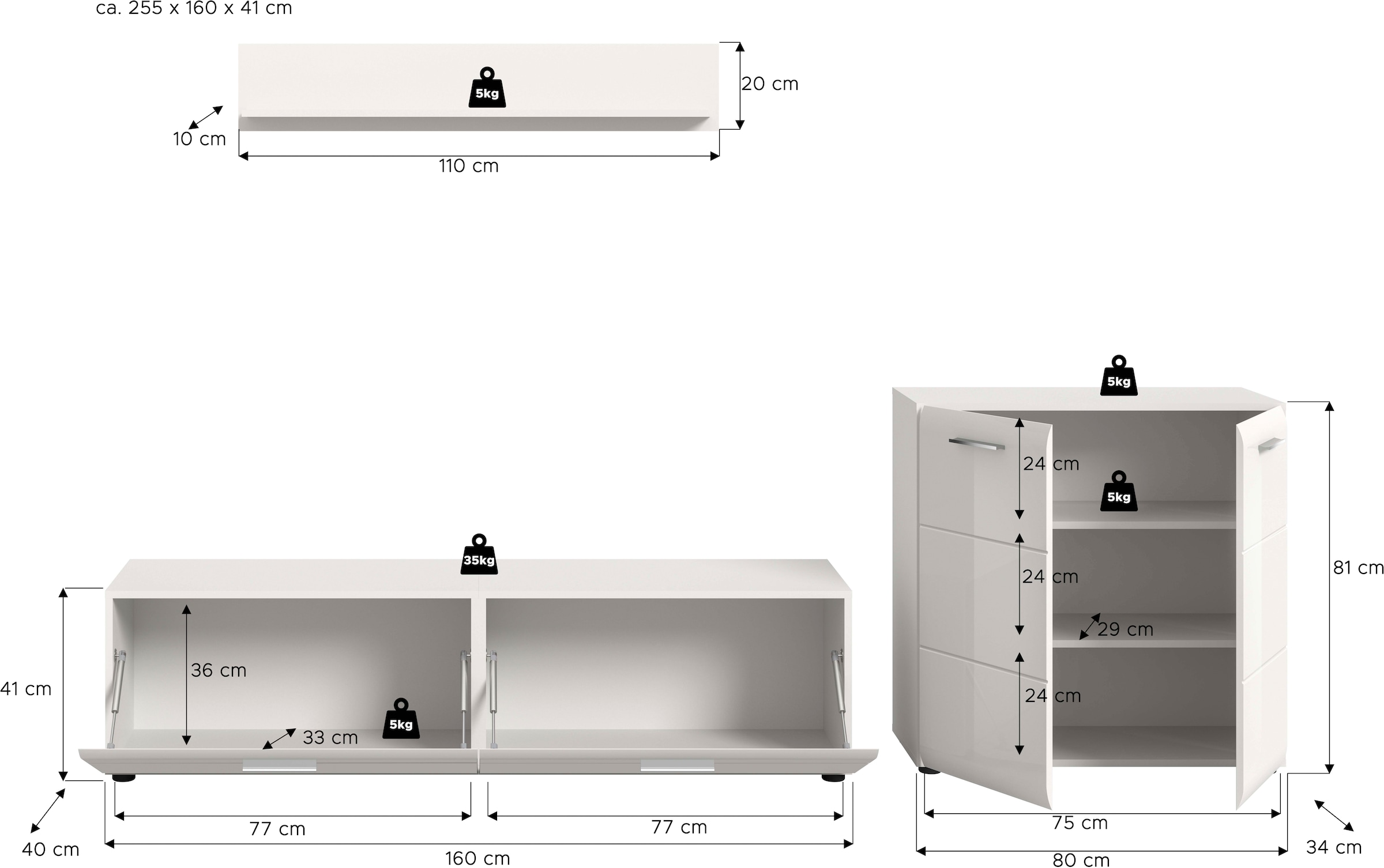 Home affaire Wohnwand »FLORENZ, 3-teilige Wohn-Kombination, hochwertige MDF-Front« Set, Set, best. aus: 1 Kommode, 1 Lowboard, 1 Wandboard, 3 Stk. tlg.