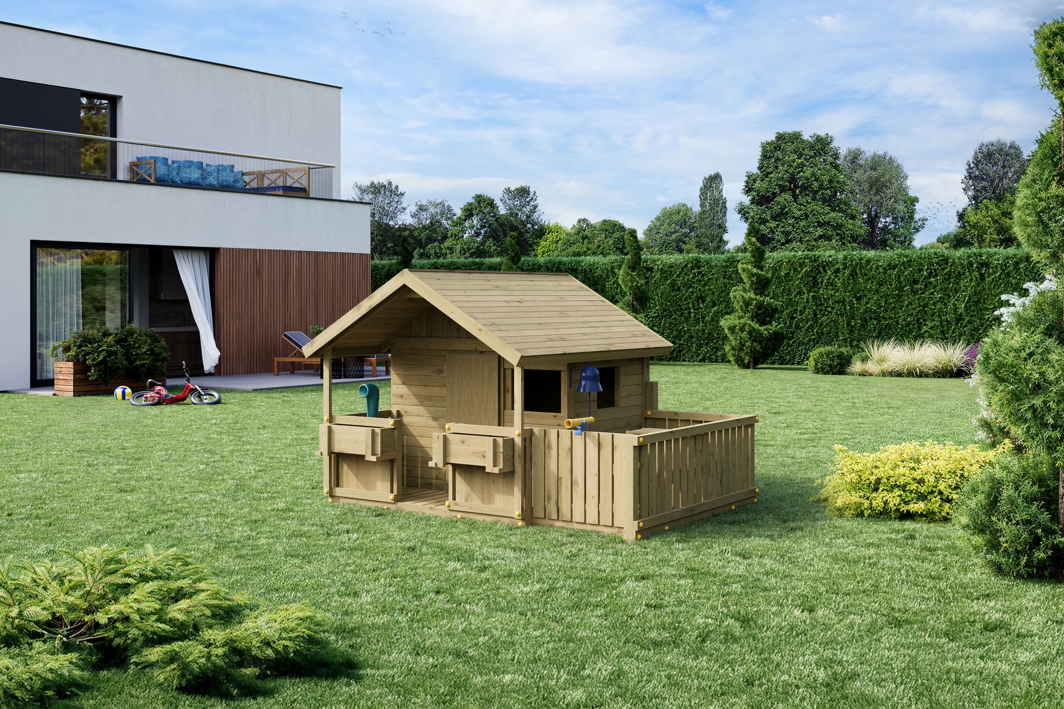 FUNGOO Spielhaus »SUNNY BANDCORNER« mit großer Terrasse und Picknicktisch, Tafel, Periskop