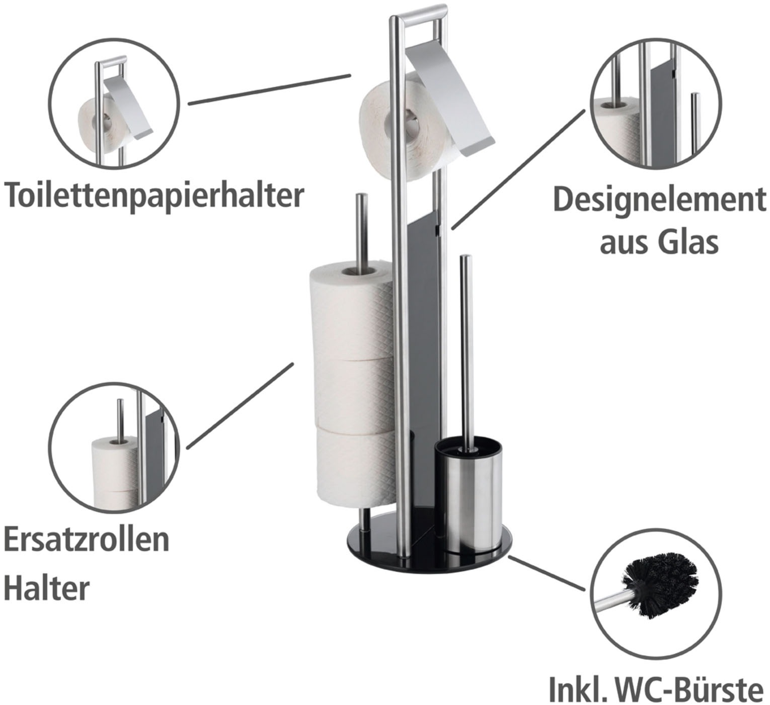 WENKO WC-Garnitur »Ravina« aus Edelstahl | Sicherheitsglas Stand WC-Garnitur, Toilettenpapierhalter, Rollenhalter & WC-Bürste