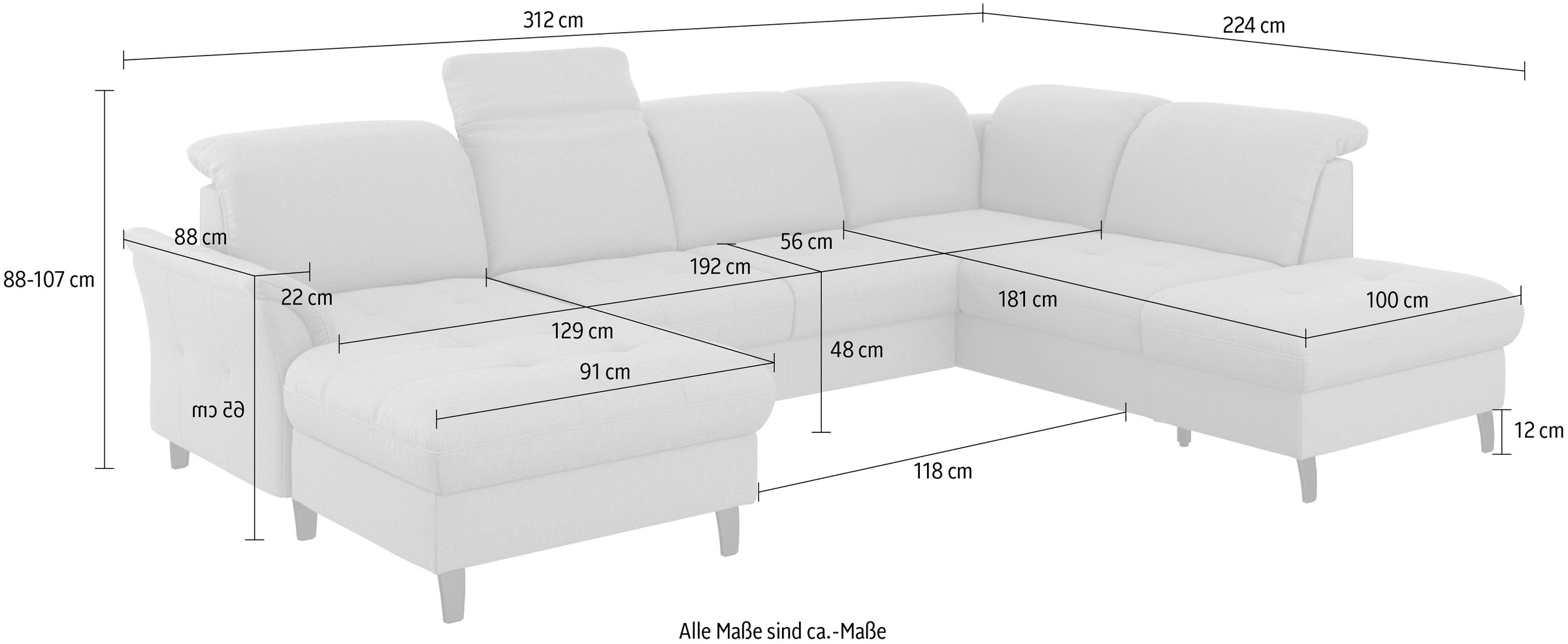 sit&more Wohnlandschaft »Maggiore U-Form«, wahlweise mit Kopfteilverstellung, Bettfunktion und Stauraum