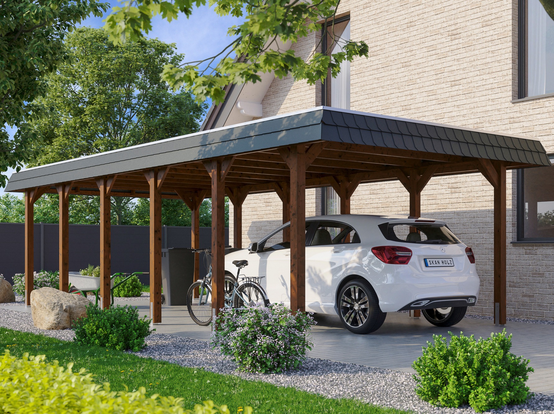 Skan Holz Carport Spreewald 396 cm x 893 cm schwarze Blende Nussbaum günstig online kaufen