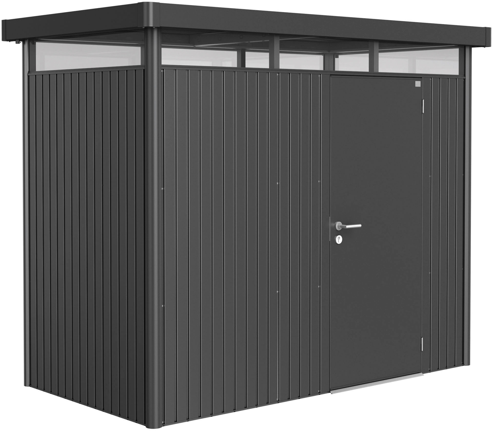 BIOHORT Gerätehaus »HIGHLINE Gr. H1, verschiedene Farben« stylisches Metall-Gartenhaus mit Flachdach dunkelgrau-metallic
