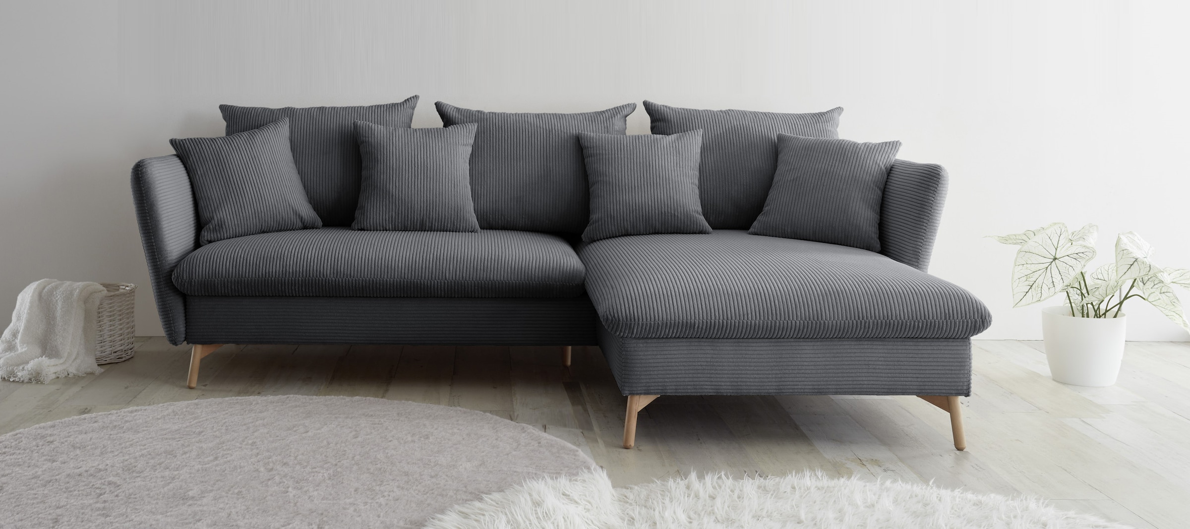 andas Ecksofa »MERLE, 258 cm, L-Form, traumhafter Cord,«, mit Bettfunktion und Bettkasten, Liegefläche 224 x 139