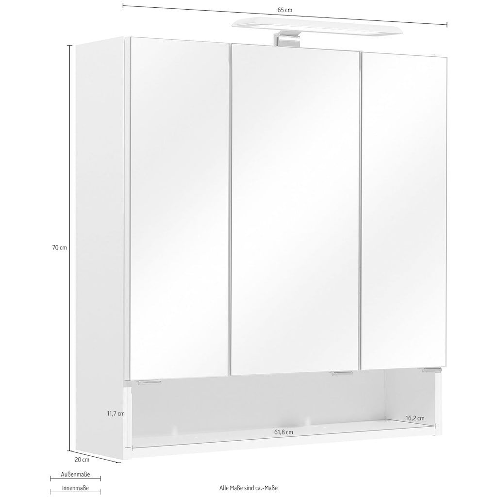 PELIPAL Spiegelschrank »Quickset 953«, Breite 65 cm, 3-türig, LED-Beleuchtung, Schalter-/Steckdosenbox, Türdämpfer, offenes Stauraumfach