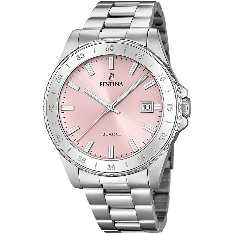 FESTINA Quarzuhr Armbanduhr, Damenuhr, Edelstahlarmband, analog, Tag, Mineralglas rosa-silberfarben Stilvolle Armbanduhr für Damen