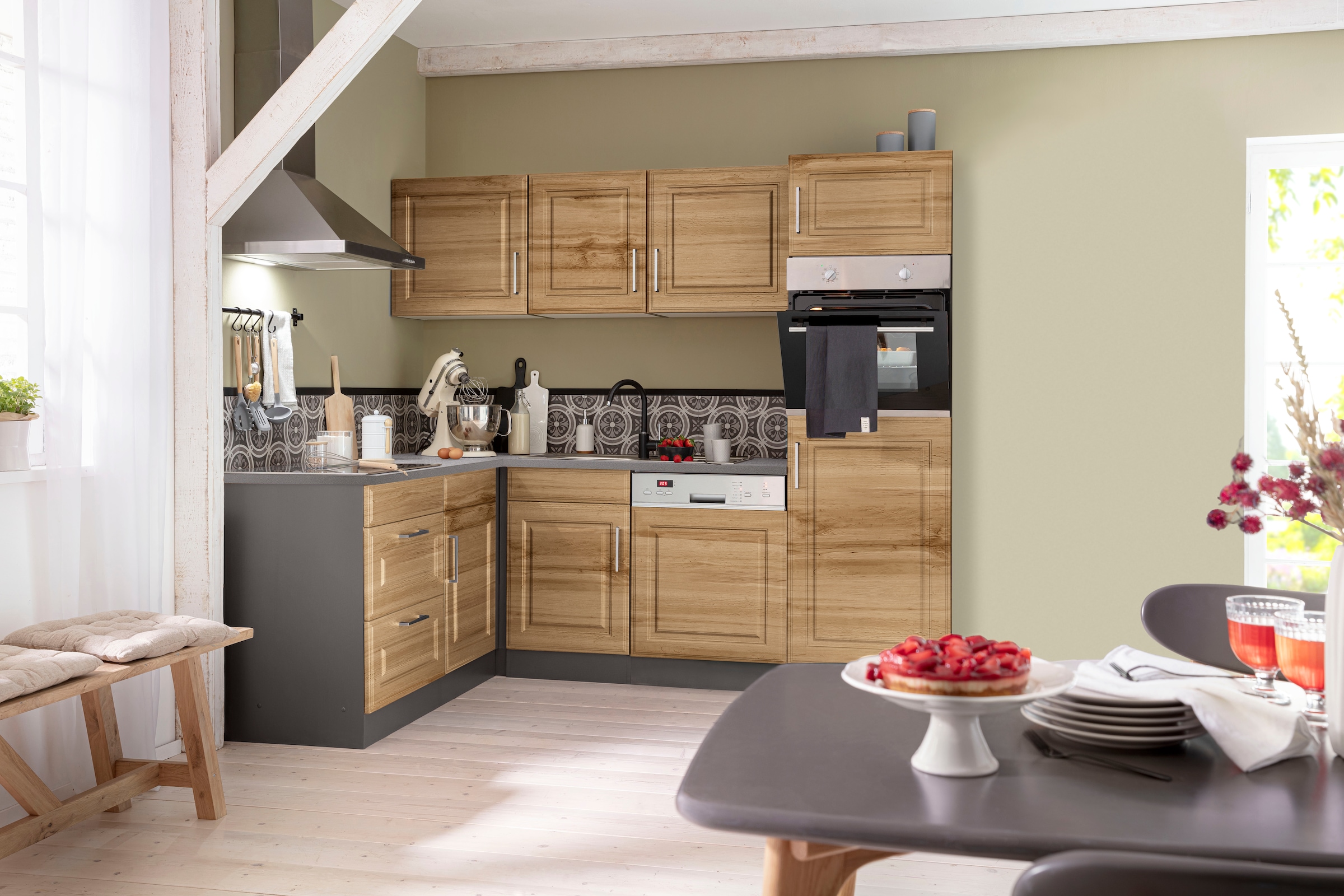 KOCHSTATION Winkelküche »KS-Stockholm« Stellbreite 230/170 cm, mit hochwertigen MDF Fronten im Landhaus-Stil