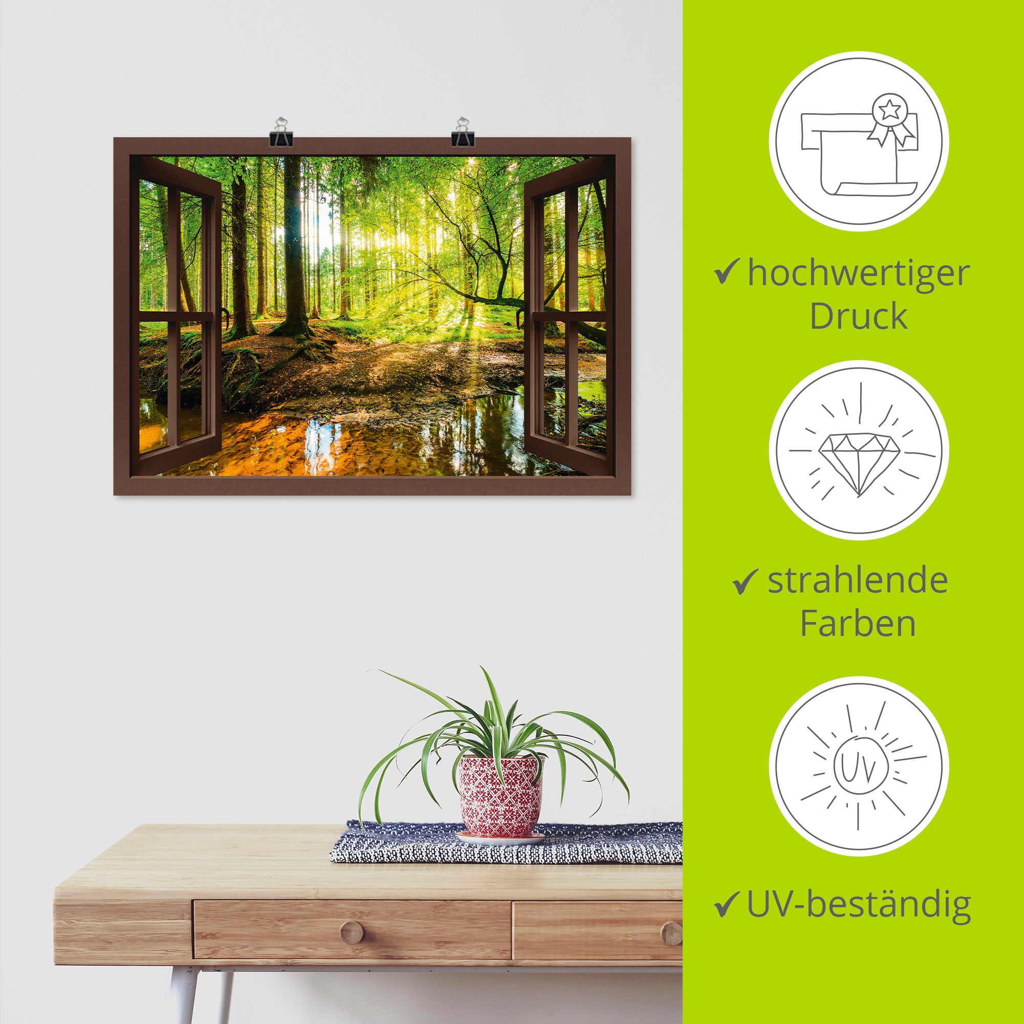 Artland Wandbild »Fensterblick - Wald mit Bach«, Wald, (1 St.), als Leinwandbild, Poster, Wandaufkleber in verschied. Größen