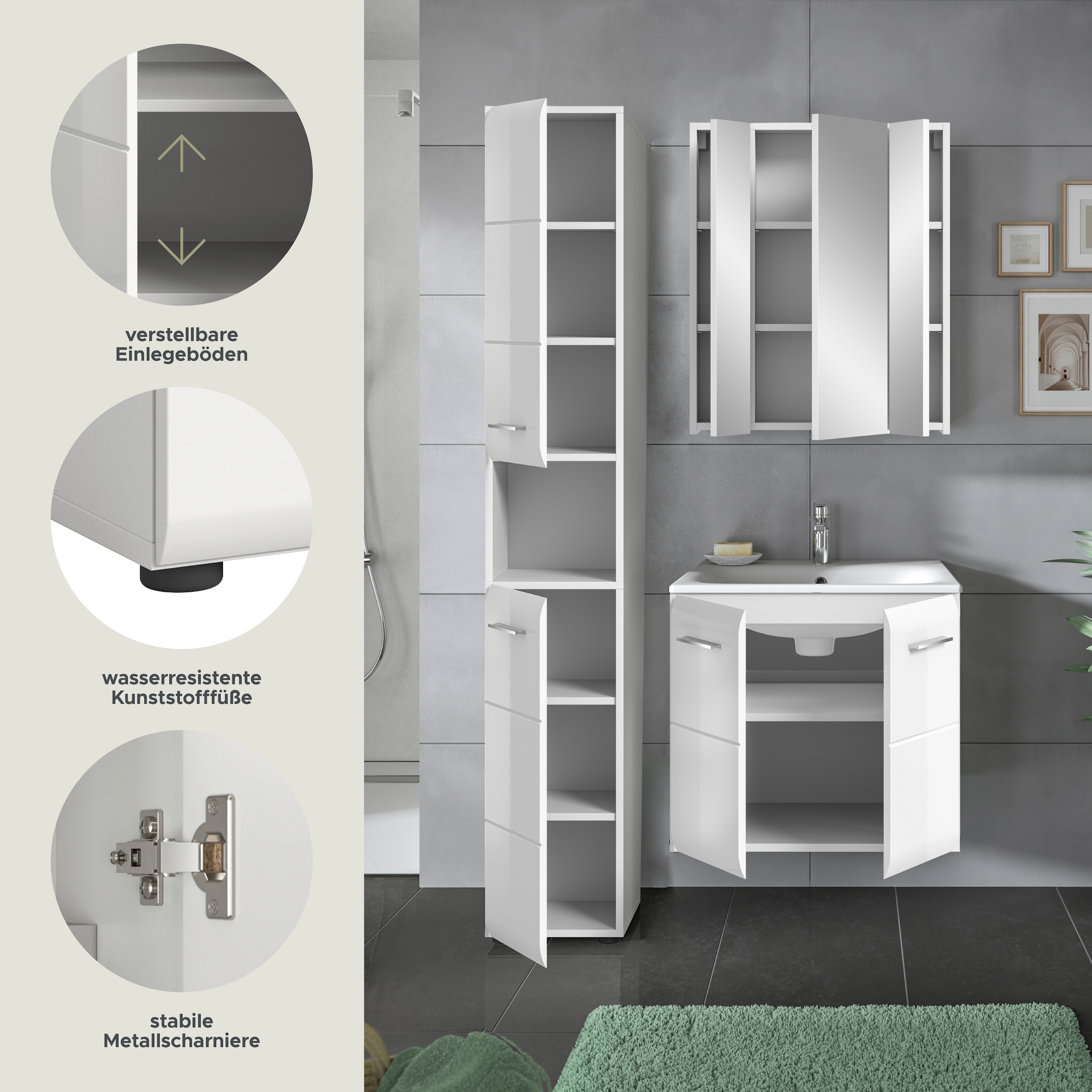 INOSIGN Badezimmer-Set, (Set, 4 St.), Florenz, Badkombination 4-tlg., Weiß hochglanz, inkl. Waschbecken