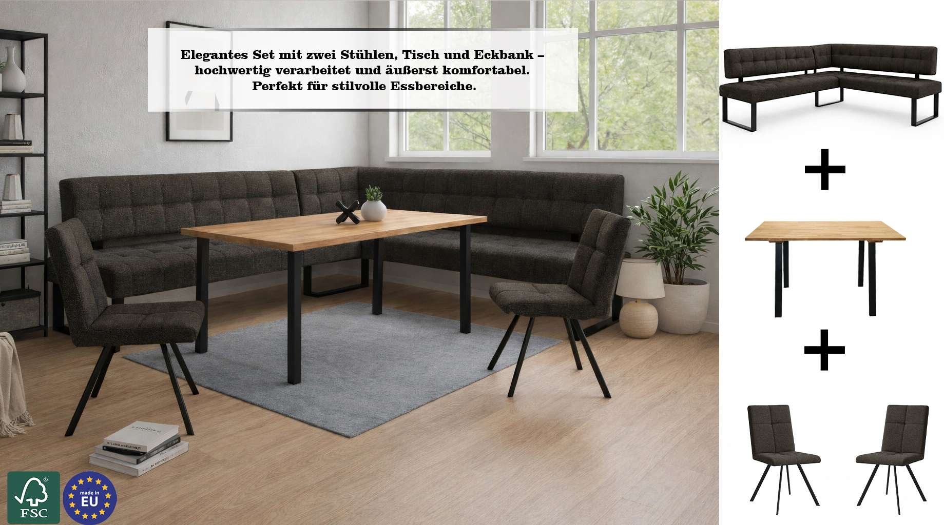 Home affaire Eckbankgruppe »Mia Essecke, Sitzgruppe, Eckbankgruppe, Küchenbankgruppe« Set, 4er, 4 tlg. Eckbank mit Wellenfederung; Tisch in Eiche massiv