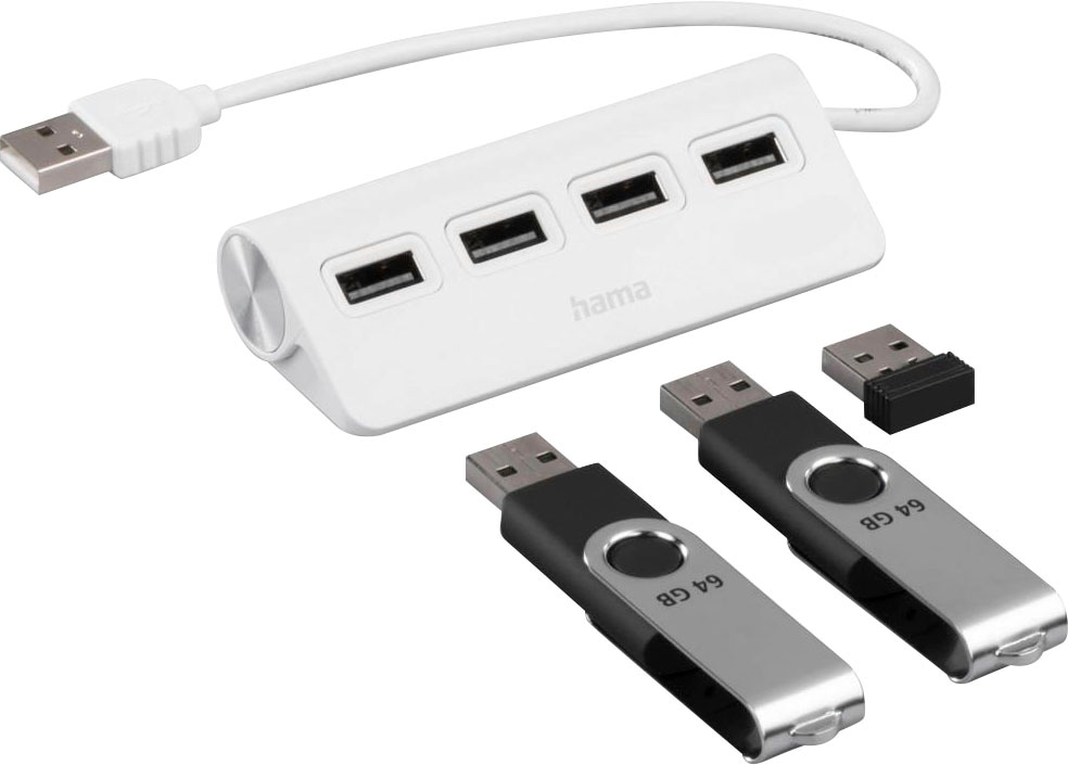 Hama USB-Adapter »USB-Hub mit 4 USB-A Ports, USB-A Stecker, 480 Mbit/s, 15 cm Kabellänge« 15 cm Verbinden von PC, Notebook, Tablet mit USB-Stick, Tastatur, Drucker