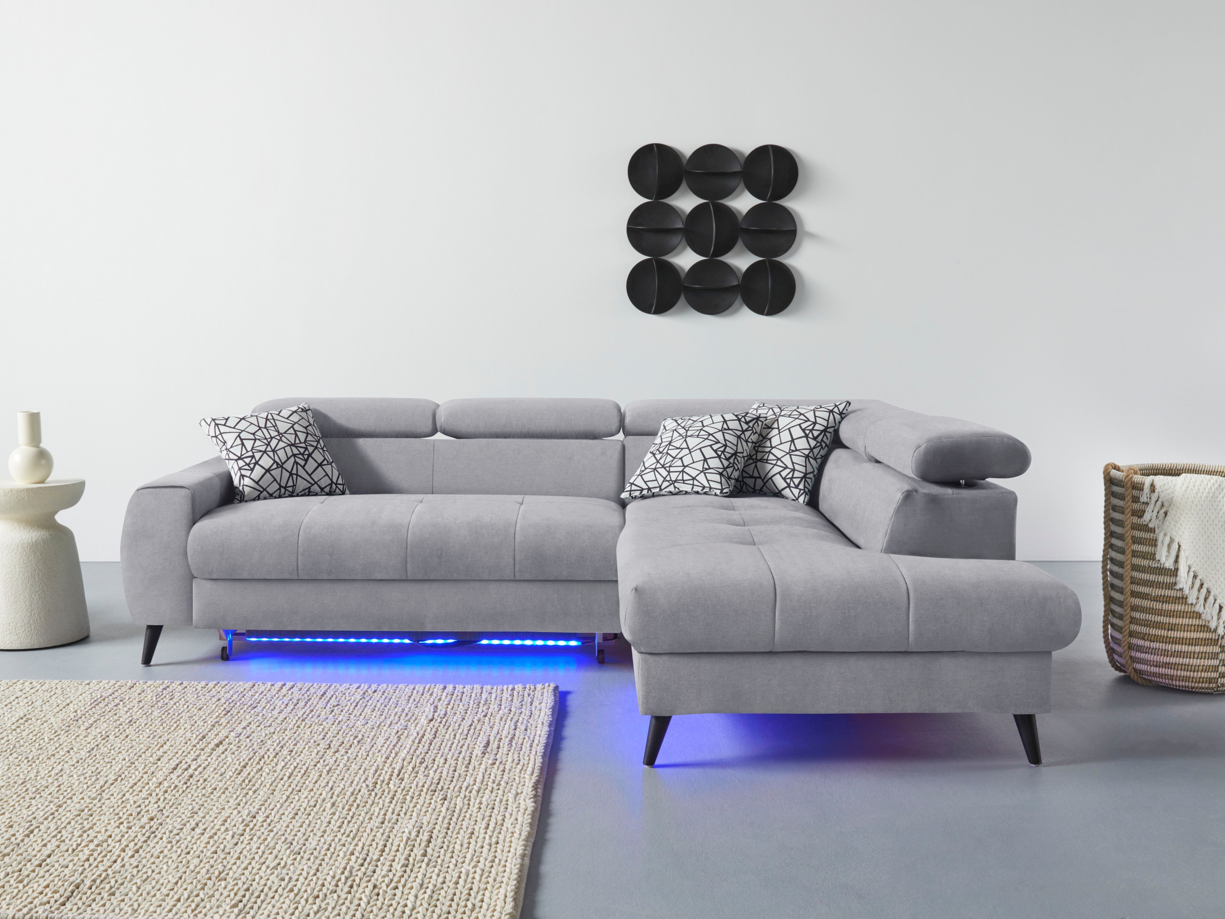 COTTA Ecksofa »Mia L-Form mit 3 Zierkissen«, wahlweise mit Bettfunktion, Bettkasten, Beleuchtung & Wireless-Charger