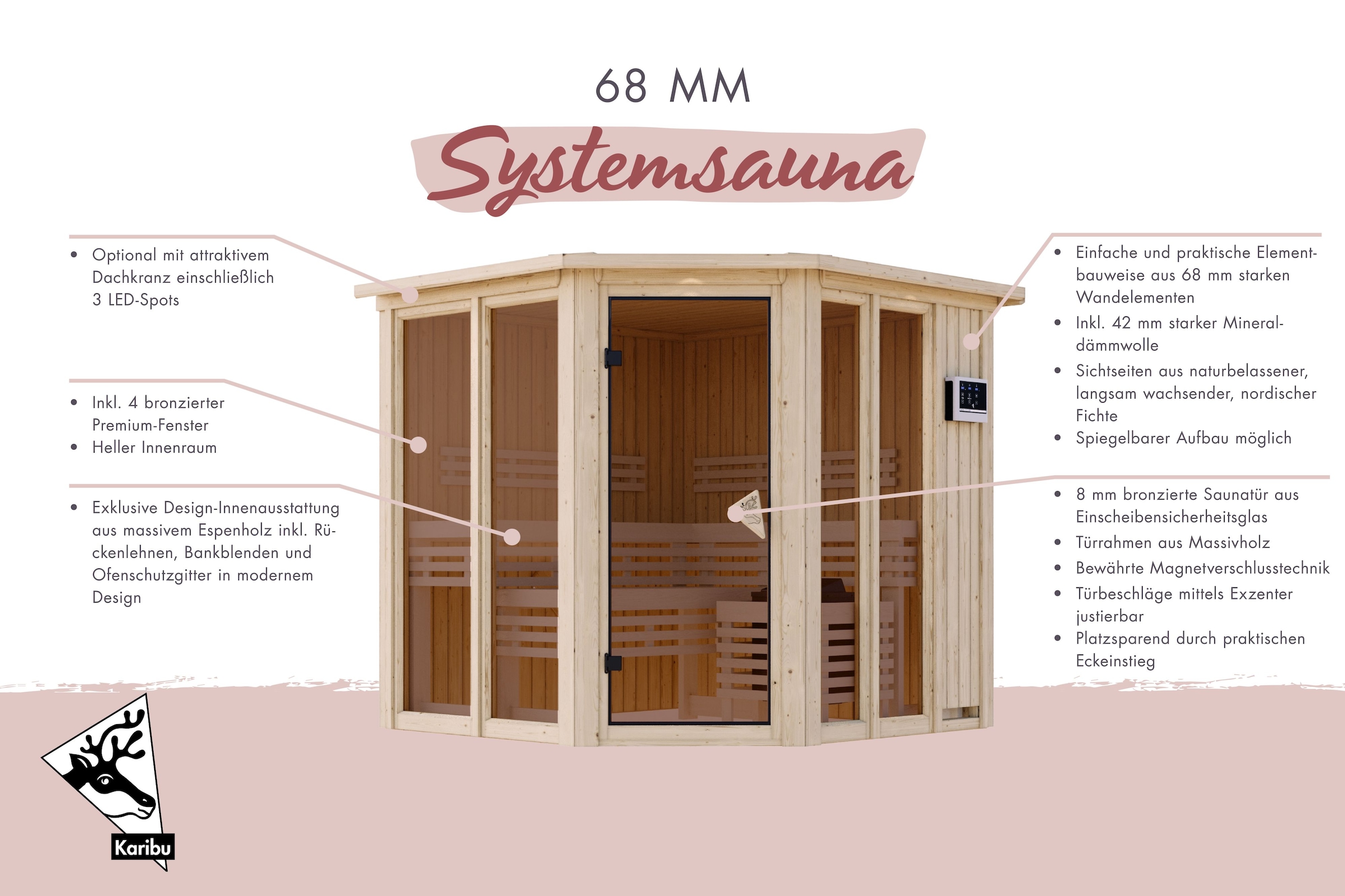 Karibu Sauna »"Airia" naturbelassen«, aus hochwertiger nordischer Fichte