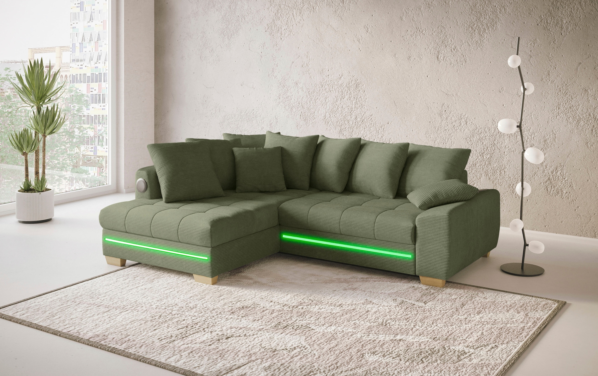 Mr. Couch Ecksofa »Nikita II, L-Form«, RGB-LED, Bluetooth-Soundsystem, wahlweise mit Bett, Bettkasten