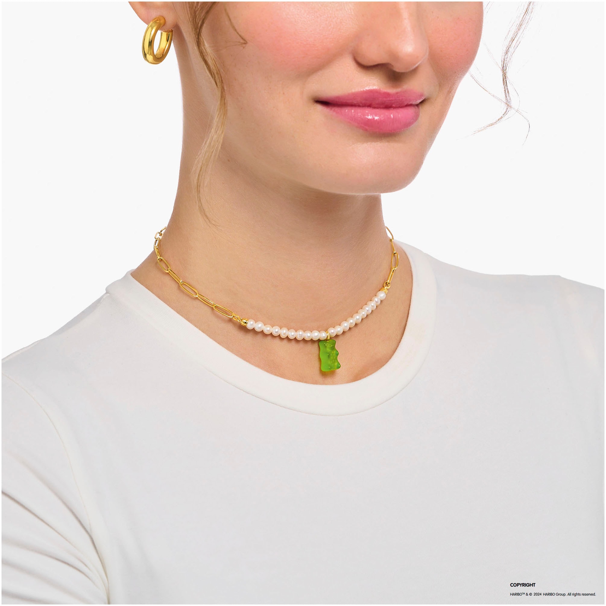 THOMAS SABO Kette mit Anhänger »THOMAS SABO x HARIBO Schmuck: Gliedercollier mit Goldbär« mit Kristallglas - mit Süßwasserzuchtperle