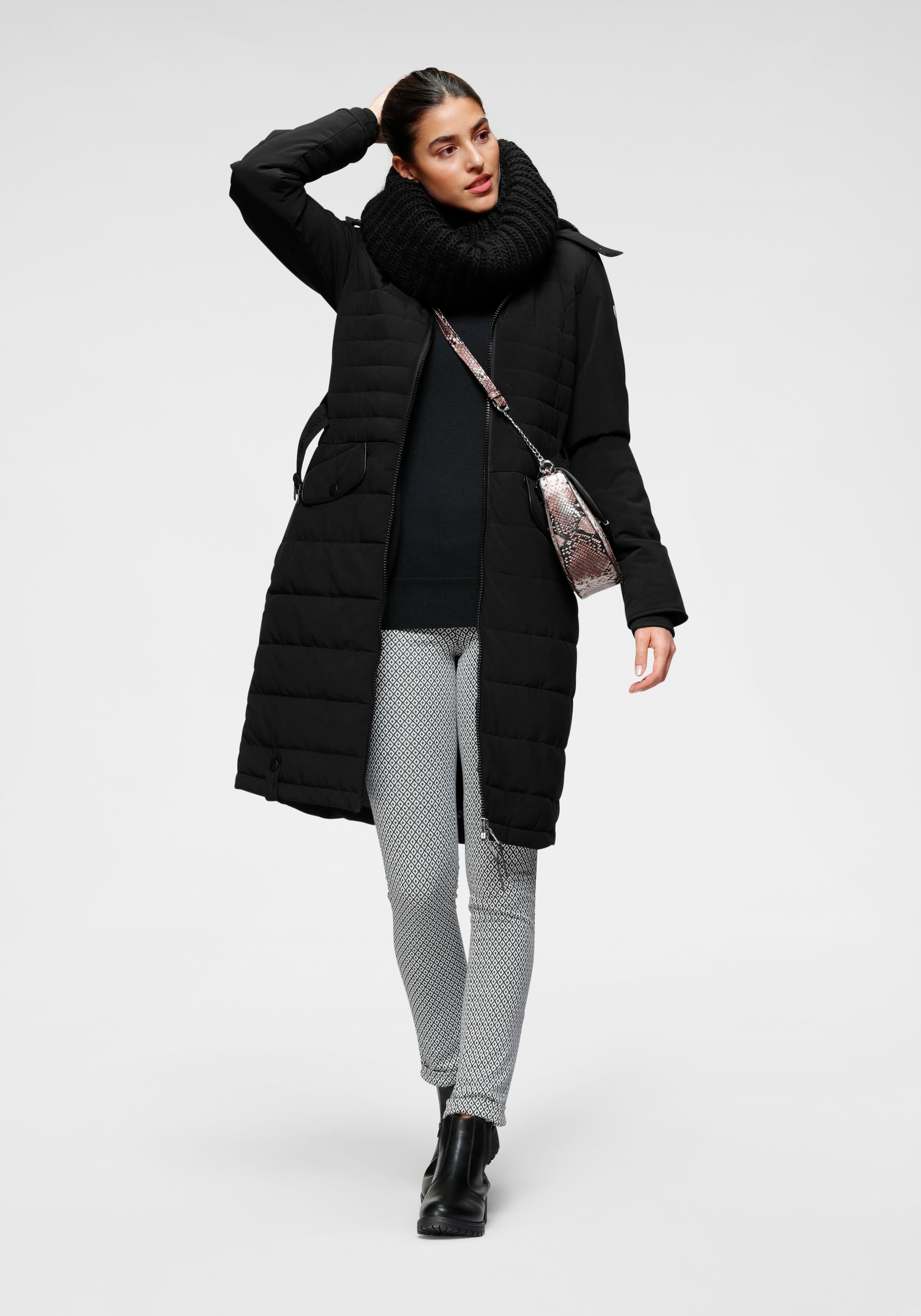 ALPENBLITZ Steppmantel »Oslo Online-Shop long«, & Markenprägung dem Mantel auf Gürtel im Kuschel-Kapuze abnehmbarer bestellen mit