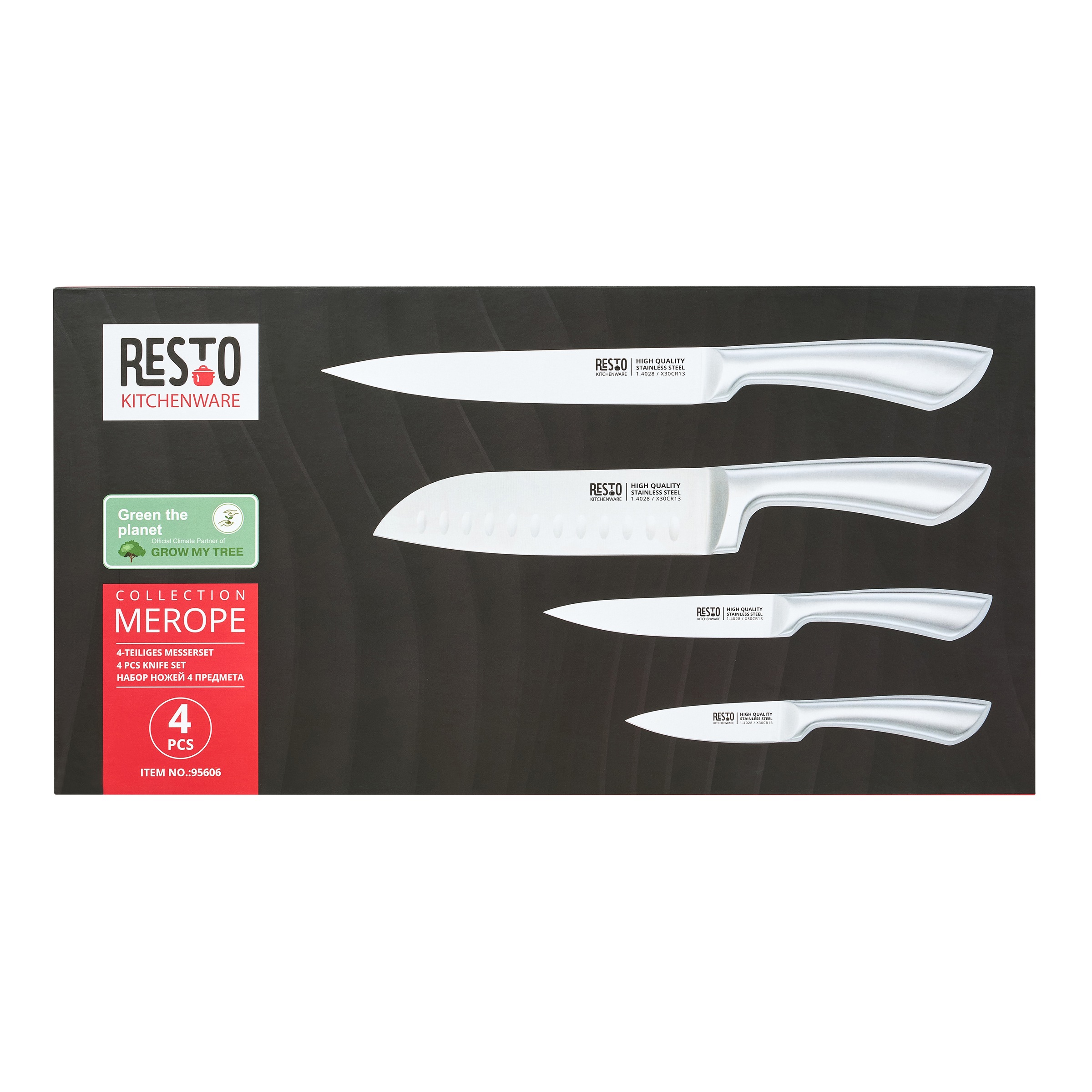 RESTO Kitchenware Messer-Set »Merope, Edelstahlmesser 4-teilig in Magnet-Geschenkbox« Santoku-Messer, Tranchiermesser, Universalmesser, Schälmesser