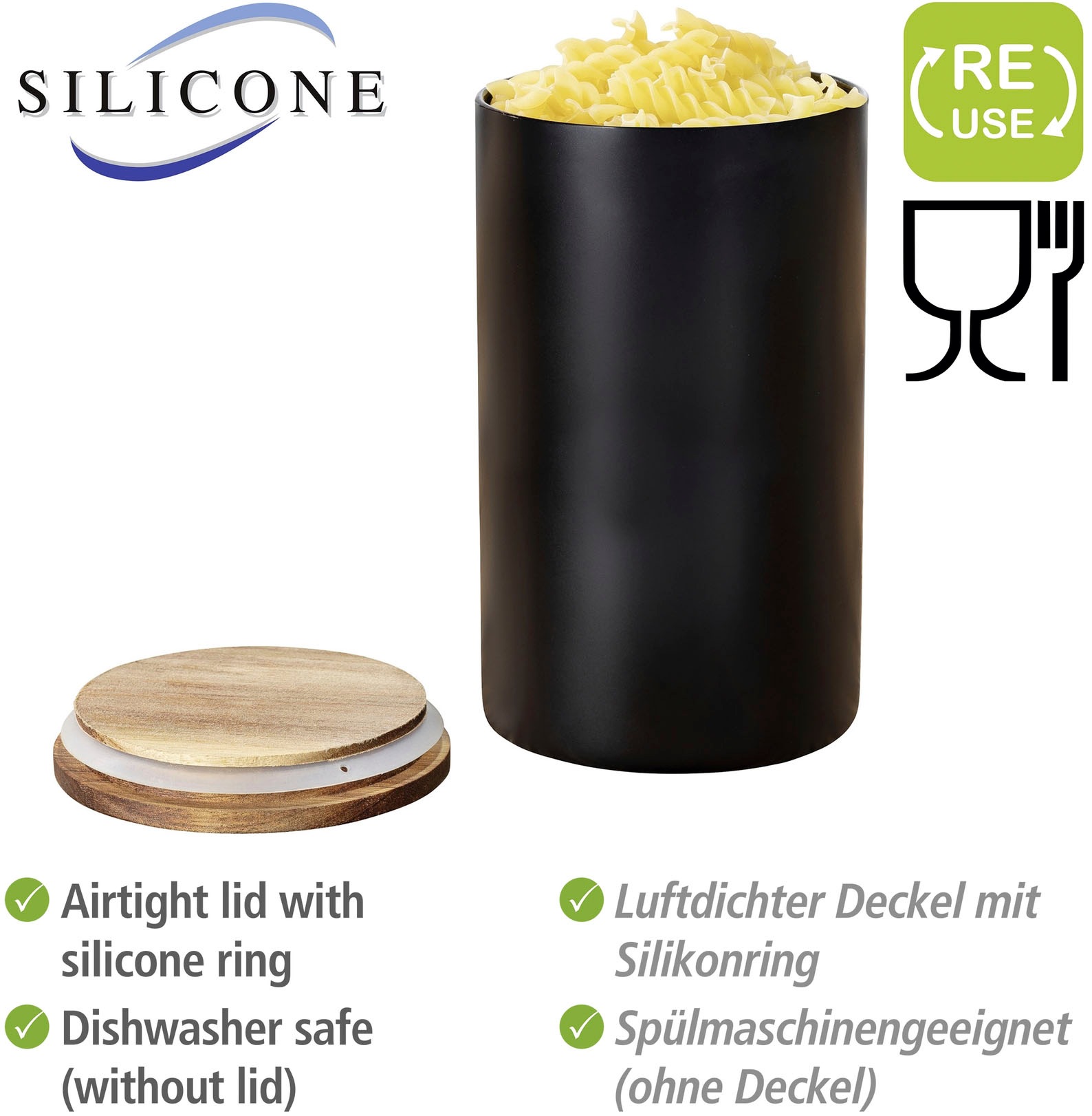 WENKO Vorratsdose »Modell Mio«, (1 tlg.), Frischhaltedose für Lebensmittel, luftdichter Deckel aus Akazienholz