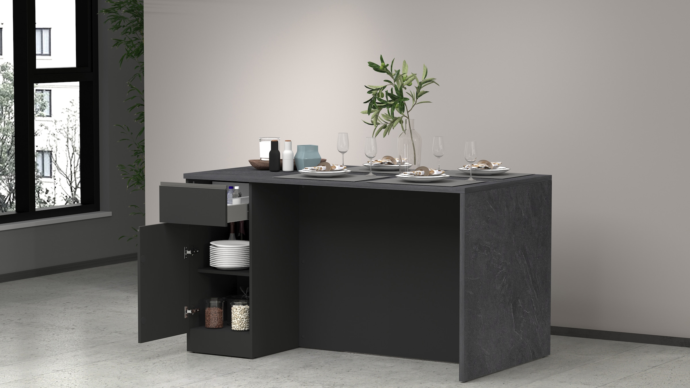 KOCHSTATION Kücheninsel »Sole,Kochinsel,Küchenarbeitsblock,Inselküche,Arbeitsinsel«, Breite 160 cm mit 2 Türen,2 Schubkästen, Aluminiumgriff