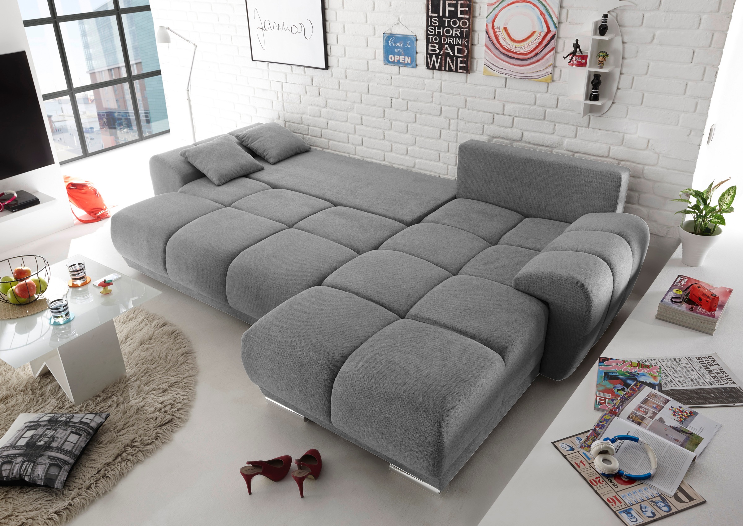 ED EXCITING DESIGN Ecksofa »Anton L-Form« mit Bettfunktion, Bettkasten & 2 günstig online kaufen