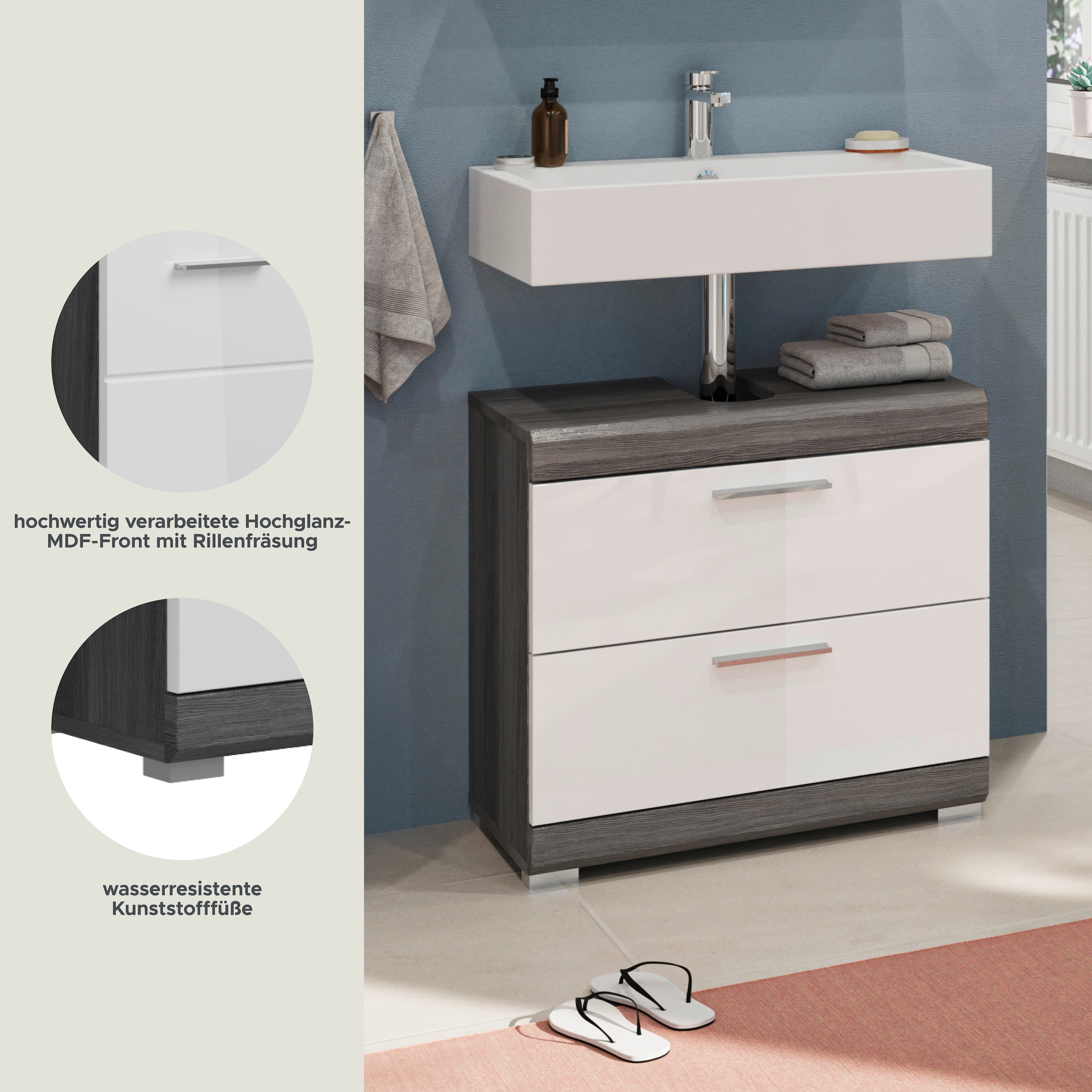 INOSIGN Waschbeckenunterschrank »Siena, Breite 60cm, 2 Tür, 2 Fächer, mit Siphonausschnitt, MDF-Front«, (1 St.), in verschiedenen Farben erhältlich, Badmöbel, Badschrank, Kommode, Bad