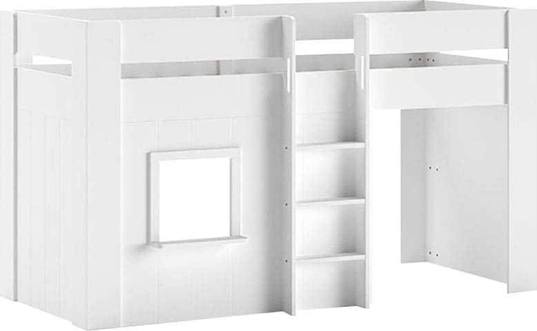 Vipack Hochbett »Reno, ein tolles Hüttenbett mit hoher Standfestigkeit, weiß lackiert«, (B/H/T ca. 206x120,1x105cm, Leiter mittig, Fenster und Absturzschutz), inkl. Rolllattenrost, Rückseite offen und Spielfläche unter dem Bett