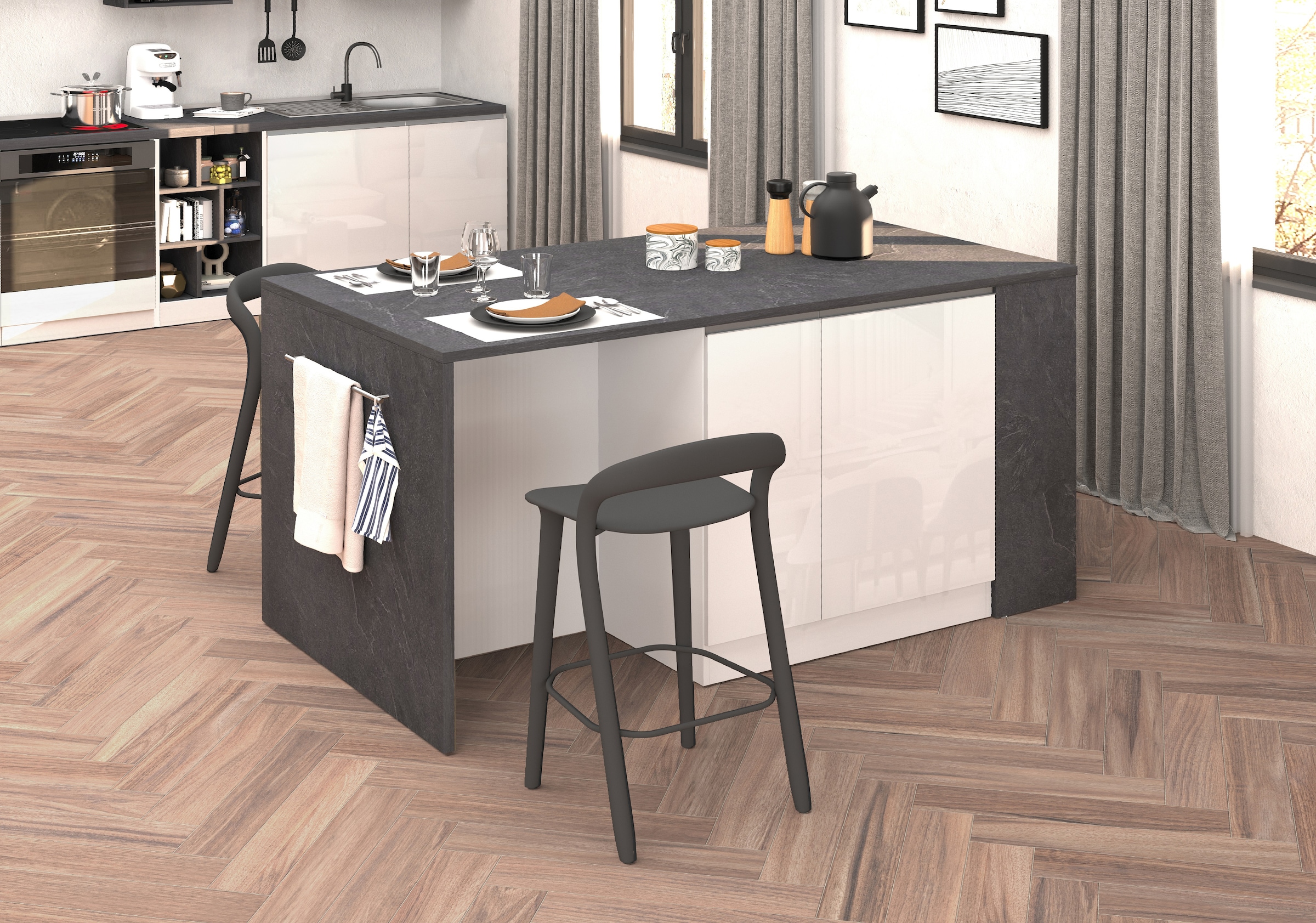 KOCHSTATION Kücheninsel »KS-Sole, Kochinsel, Küchenarbeitsblock, Arbeitsinsel, Made in Italy« Breite 167,5 cm, 2 Apothekerauszüge, 2 Essplätze, 1 offenes Regal