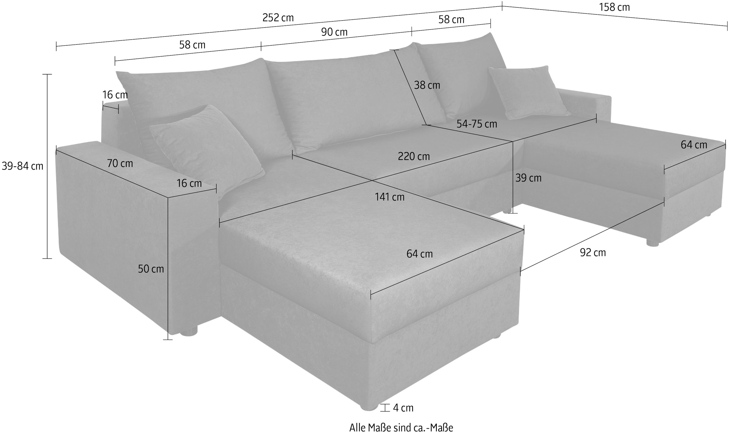 COLLECTION AB Wohnlandschaft »Pico U-Form, Breite 252, mit Schlaffunktion, Bettkasten & Zierkissen«, Liegefläche 117x220 cm