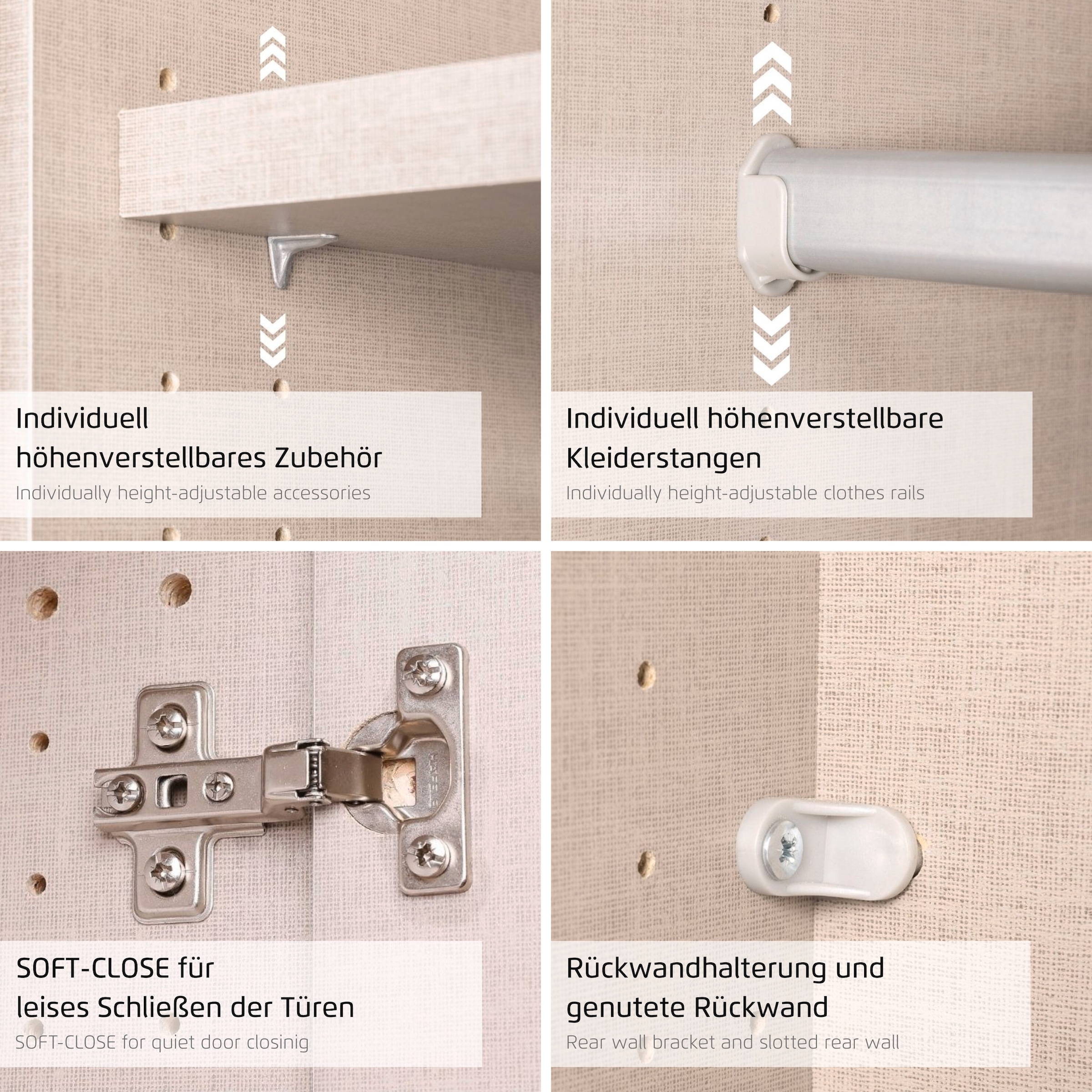 OTTO home Kleiderschrank »Schrank Garderobe ARVEN Breiten 181/226/271cm« 3 verschiedene Ausstattungen BASIC/CLASSIC/PREMIUM (inkl. SOFT-CLOSE),  puristisches Design in Plankenoptik mit Metallgriffen MADE IN GERMANY